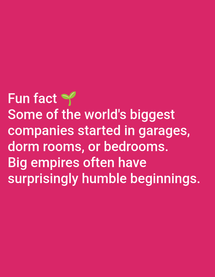 The image contains text on a bright pink background. The text reads "Fun fact" followed by a sprout emoji, and then "Some of the world's biggest companies started in garages, dorm rooms, or bedrooms. Big empires often have surprisingly humble beginnings." There is no discernible location in Lagos, Nigeria, or any people or specific objects depicted.
