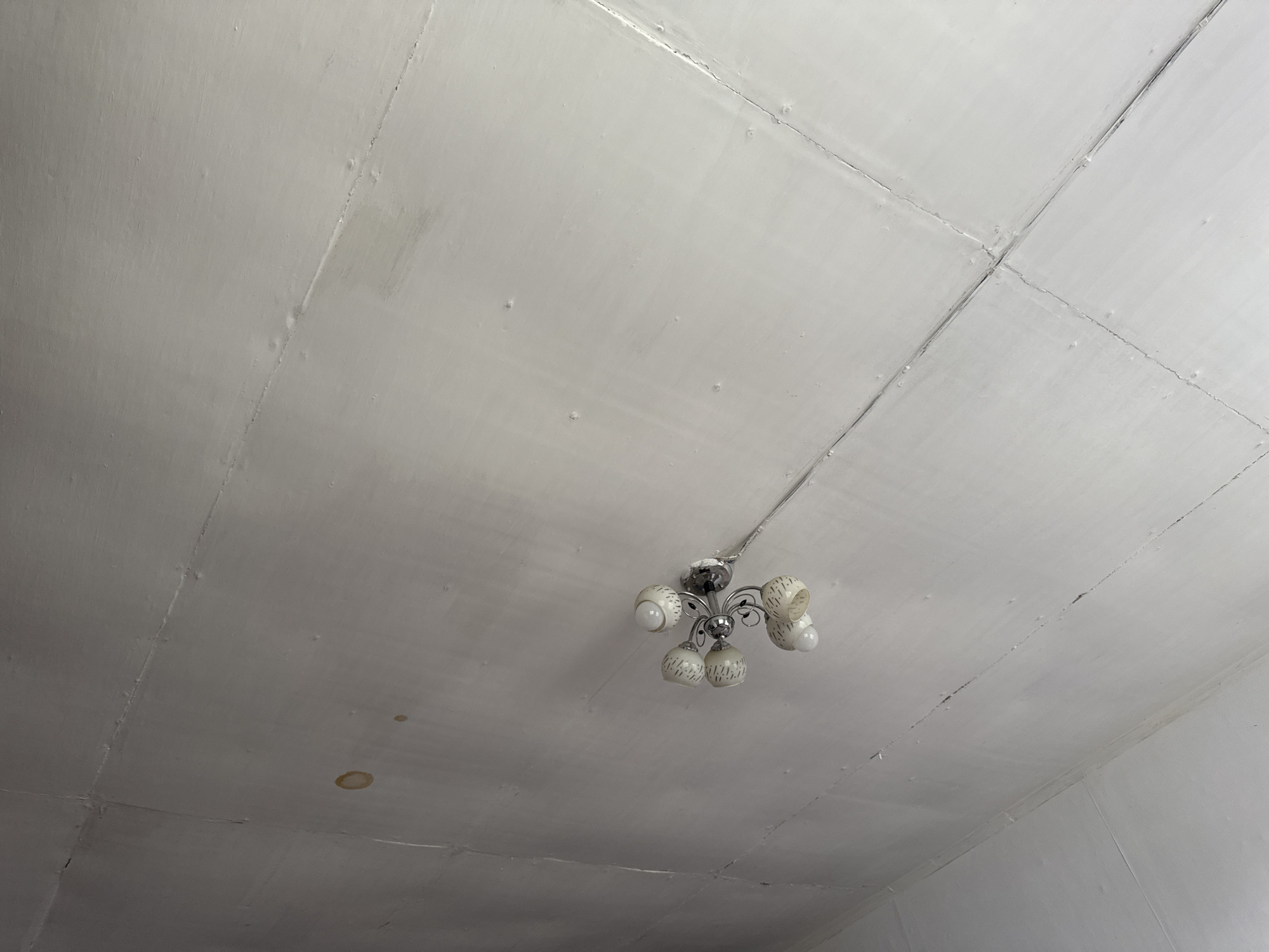 The image shows a close-up, low-angle view of a white, textured ceiling in a room. There are visible seams and imperfections on the ceiling, suggesting it may be made of plasterboard or a similar material. A single, multi-bulb chandelier hangs from the center of the ceiling, its metallic fixture and glass shades reflecting the light. The chandelier appears to be old-fashioned, with a somewhat ornate design. The room appears to be indoors, and the lighting suggests it is daytime, though no windows or external views are visible. The overall impression is of a simple, possibly older room in Russia, given the location context of Pozdyshki. There is a small, circular stain on the ceiling to the left of the chandelier, possibly indicating a water leak. The texture of the ceiling is uneven, with small bumps and irregularities. No people or text are visible in the image.