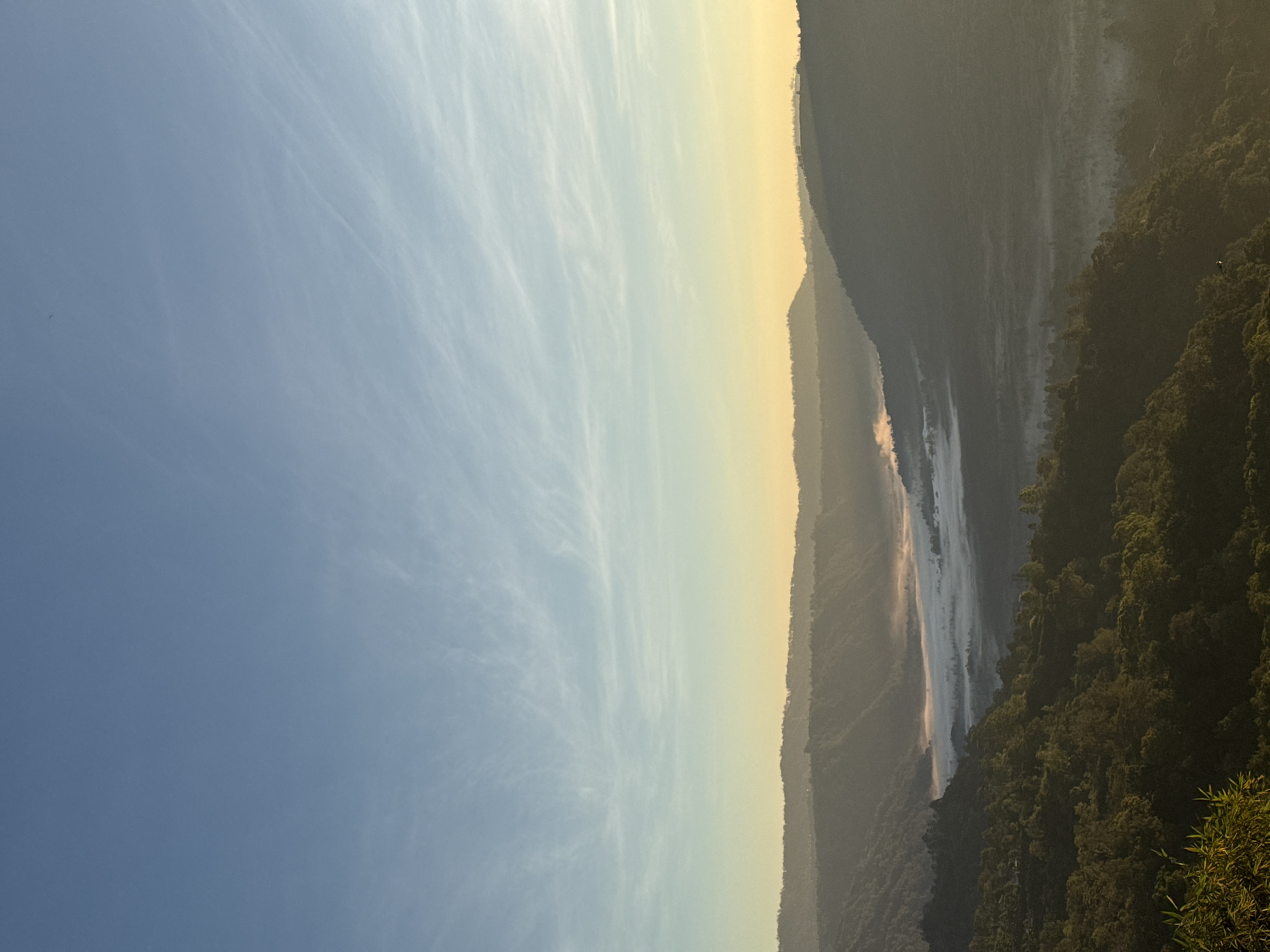 This image captures a panoramic, elevated view of a misty mountainous landscape in Kintamani, Indonesia, likely at sunrise. The sky graduates from a clear, light blue at the top left to a warmer, golden-yellow hue on the right horizon, traversed by delicate, wispy cirrus clouds. Multiple layers of tree-covered mountains and hills are visible, receding into the distance, appearing as dark silhouettes due to the morning light. A prominent valley in the midground is largely obscured by a dense, white layer of fog or mist, which glows faintly with the warm, golden light from the right side. Dark green foliage, possibly bamboo, is visible in the immediate lower-left foreground. No human subjects, identifiable man-made structures, or actions are present.