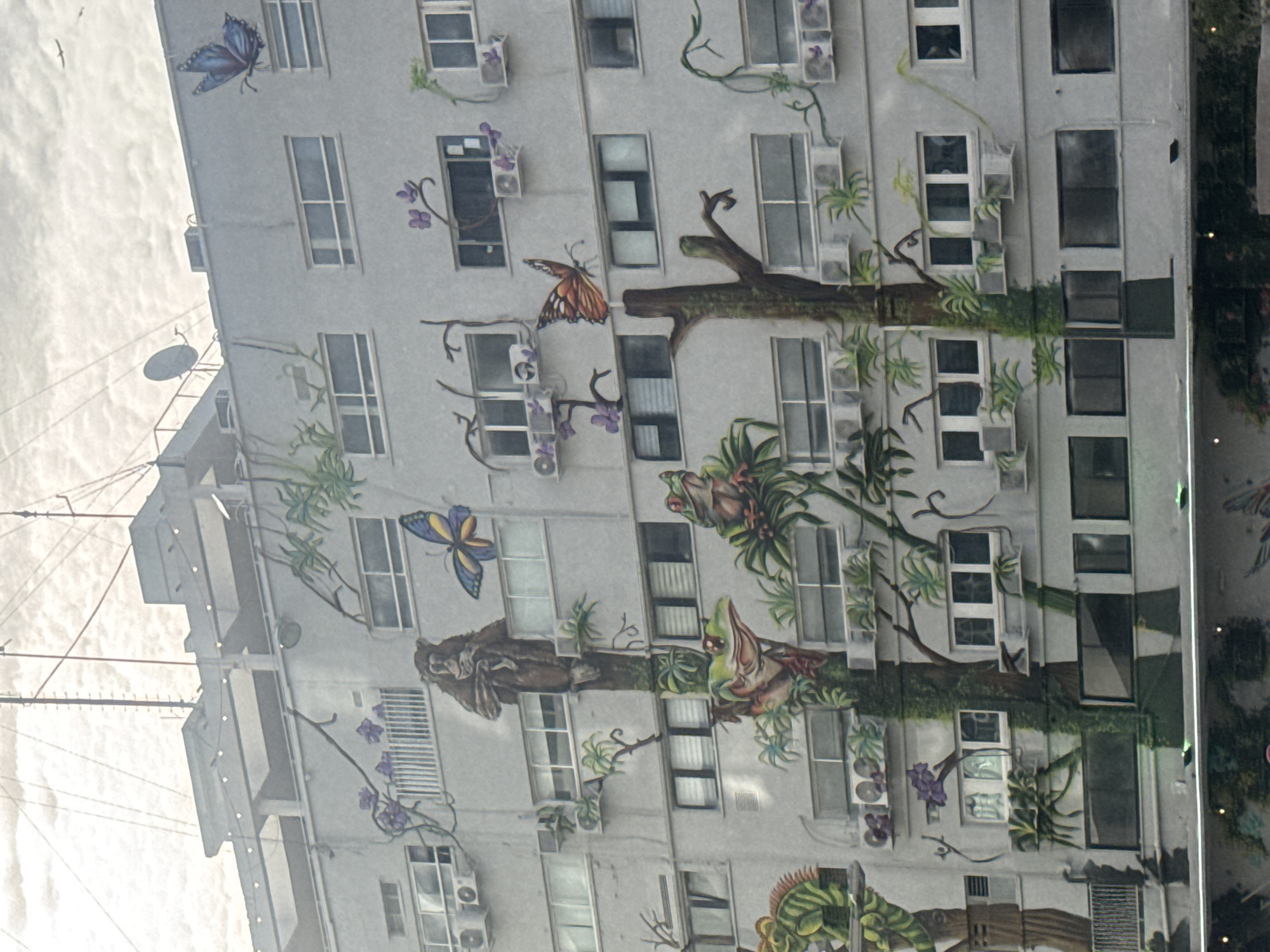 A multi-story building in Tel-Aviv, Israel, features a mural depicting various creatures (butterflies, lizards, a lion) intertwined with branches and leaves. The building is painted in a light color and has many windows and air conditioning units. The sky is overcast.