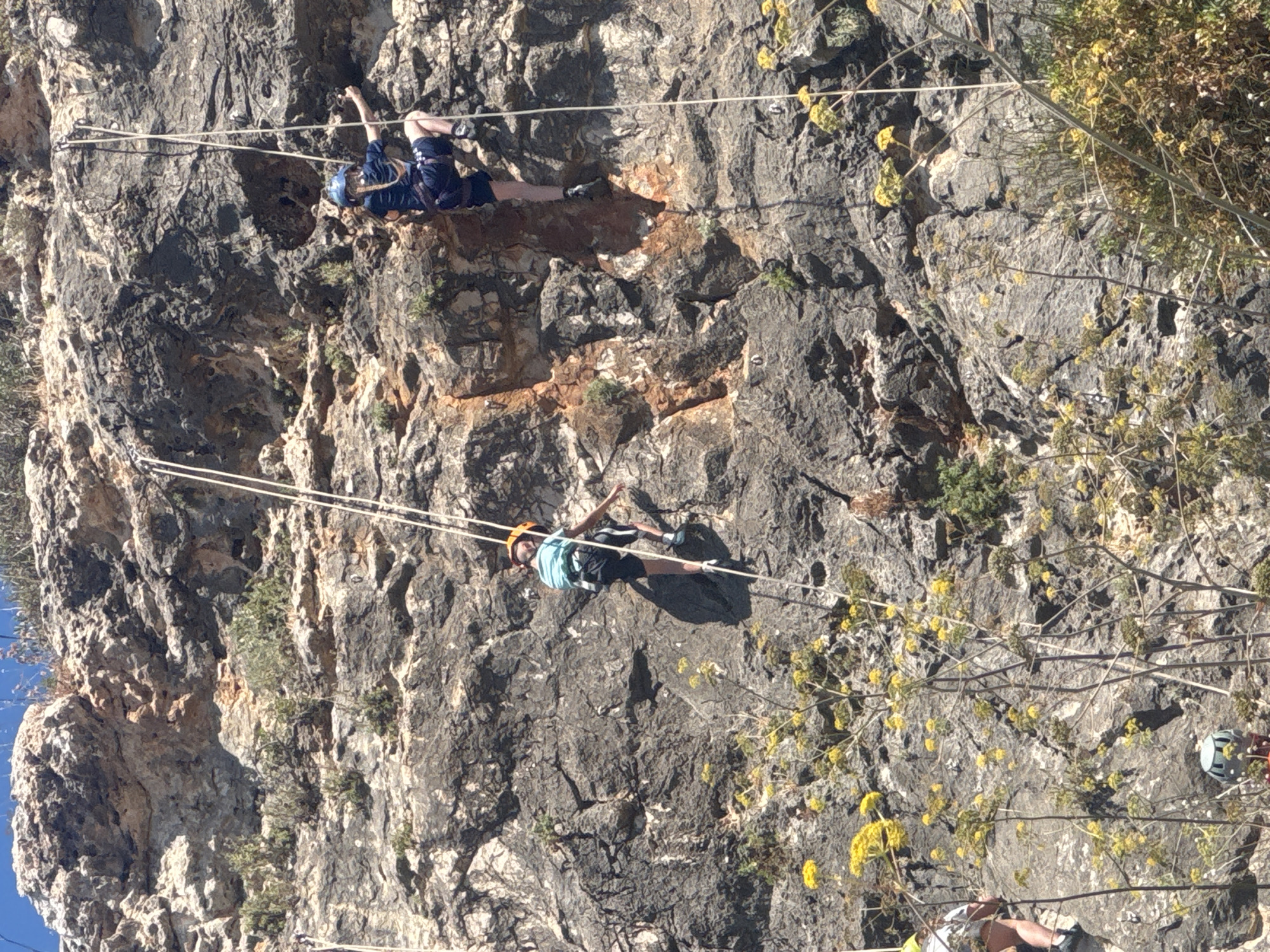 Two people are on a via ferrata route on a rocky cliffside in Hof HaCarmel Regional Council, Israel. The first person, wearing a blue helmet and dark blue attire, is higher on the route, attached to the safety cable. The second person, wearing an orange helmet and a light blue shirt, is lower down the route, also attached to the safety cable. The cliff face is uneven and covered in vegetation.