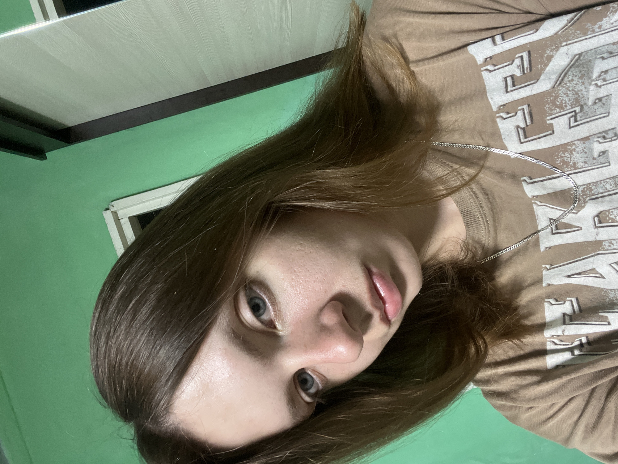 This is a selfie of a person with long, brown hair, taken indoors. The person is wearing a brown sweatshirt with white lettering on it. A silver chain necklace is visible. The background is a bright green wall and a section of a white and wood-paneled surface, possibly a closet door or cabinet. The lighting suggests it is daytime, but there are no specific cues for time of day or weather. The image is oriented sideways. The person's face is partially visible, and they appear to be looking directly at the camera with a neutral expression. The visible text on the sweatshirt is partially obscured by the person's hair and the image rotation, but it appears to be a stylized, block-lettered design.