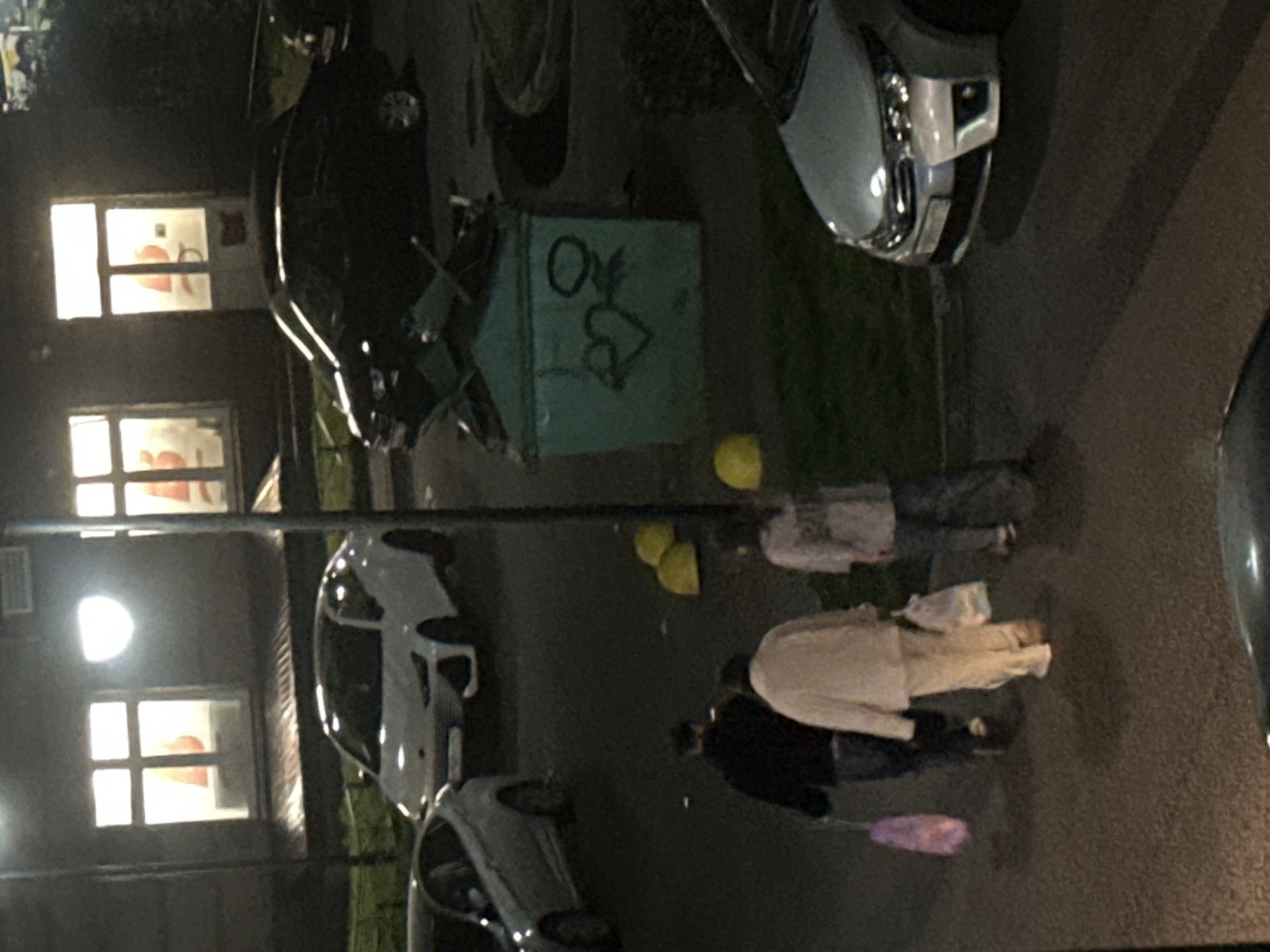 The image depicts an outdoor scene at night in the city of Sinyavino, Russia, likely a residential area. In the foreground, three individuals are walking on a paved surface, with two carrying shopping bags. The person on the left carries a purple bag, and the person in the middle carries a white plastic bag. They are walking towards the right side of the frame. Further back, there is a light-colored car parked. A light-colored car is also visible parked on the left side of the frame. In the background, a dark-colored car is parked in front of a building. The building has several illuminated windows. A green dumpster with graffiti on it, including a heart symbol, is situated between the building and the cars. Several yellow cylindrical objects are scattered on the ground near the dumpster. The environment appears to be a dimly lit urban setting with some greenery visible.