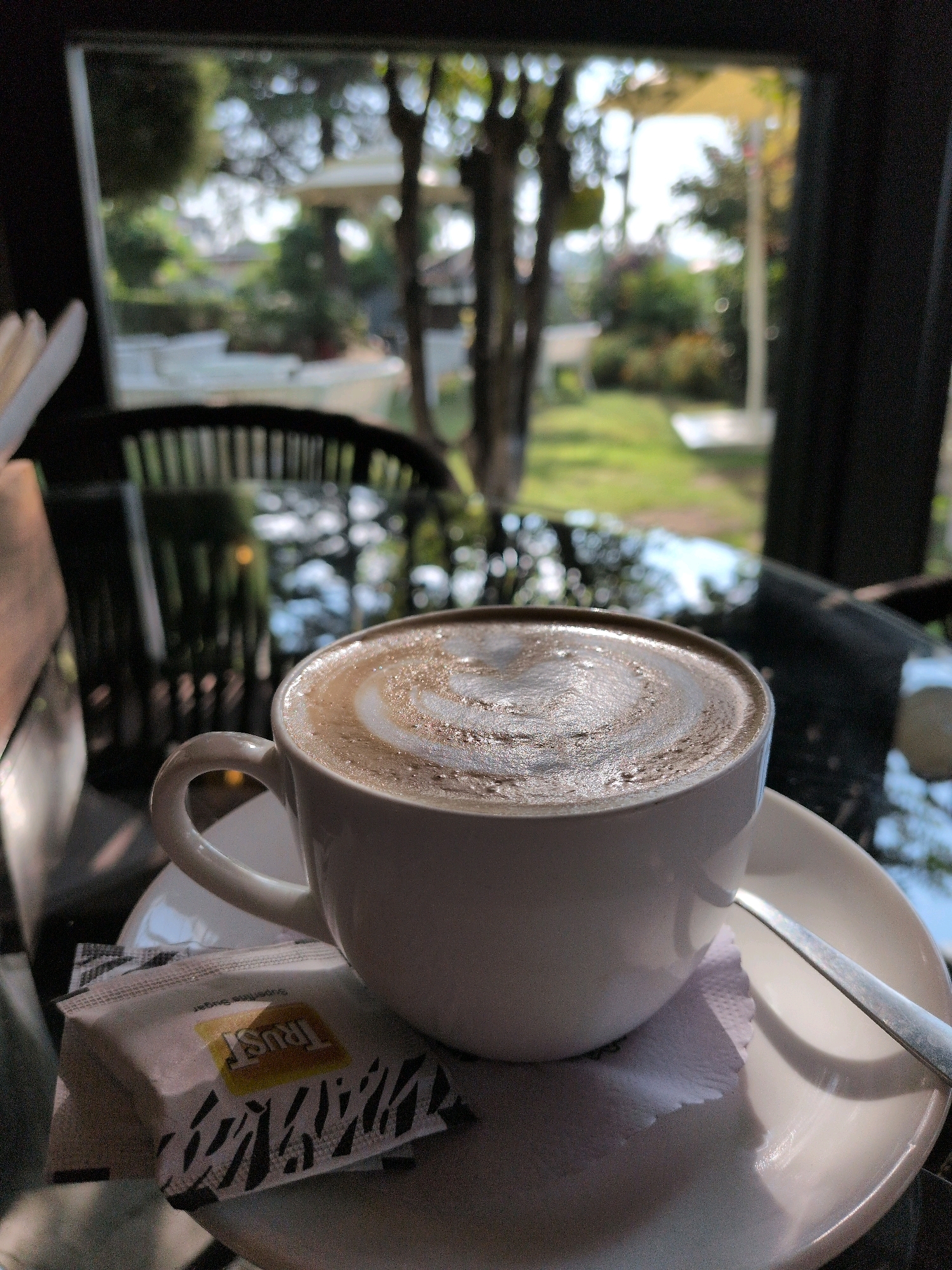 A close-up shot focuses on a white cup of coffee with latte art on a saucer. A silver spoon rests on the saucer, and a packet of sugar with a black and white pattern and a yellow label that reads "TRUST" is positioned next to the cup. The coffee cup and saucer are placed on a dark, reflective surface, likely a table. In the background, a blurred view through a window reveals a garden with trees, foliage, and a building. The environment suggests an outdoor seating area or a room with a view of a garden. There are no people visible in the image, and no specific indication of the city of Srinagar, India.