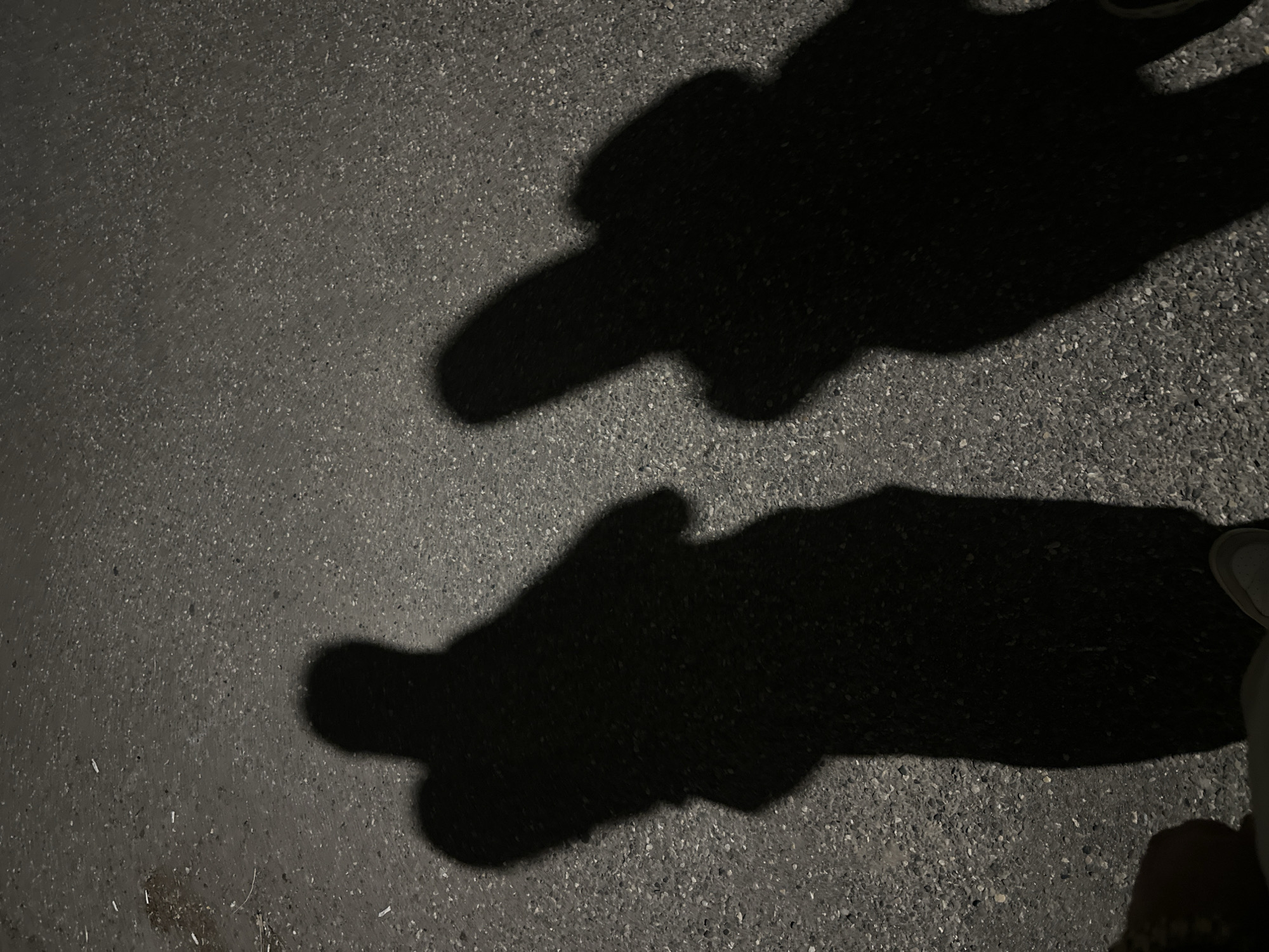 The image shows a dark asphalt surface with the shadows of two individuals. The shadows suggest the subjects are standing close together. A partial view of a sneaker and pants leg is visible in the lower right corner. The specific location within Yerevan, Armenia, cannot be determined from the visual information provided.