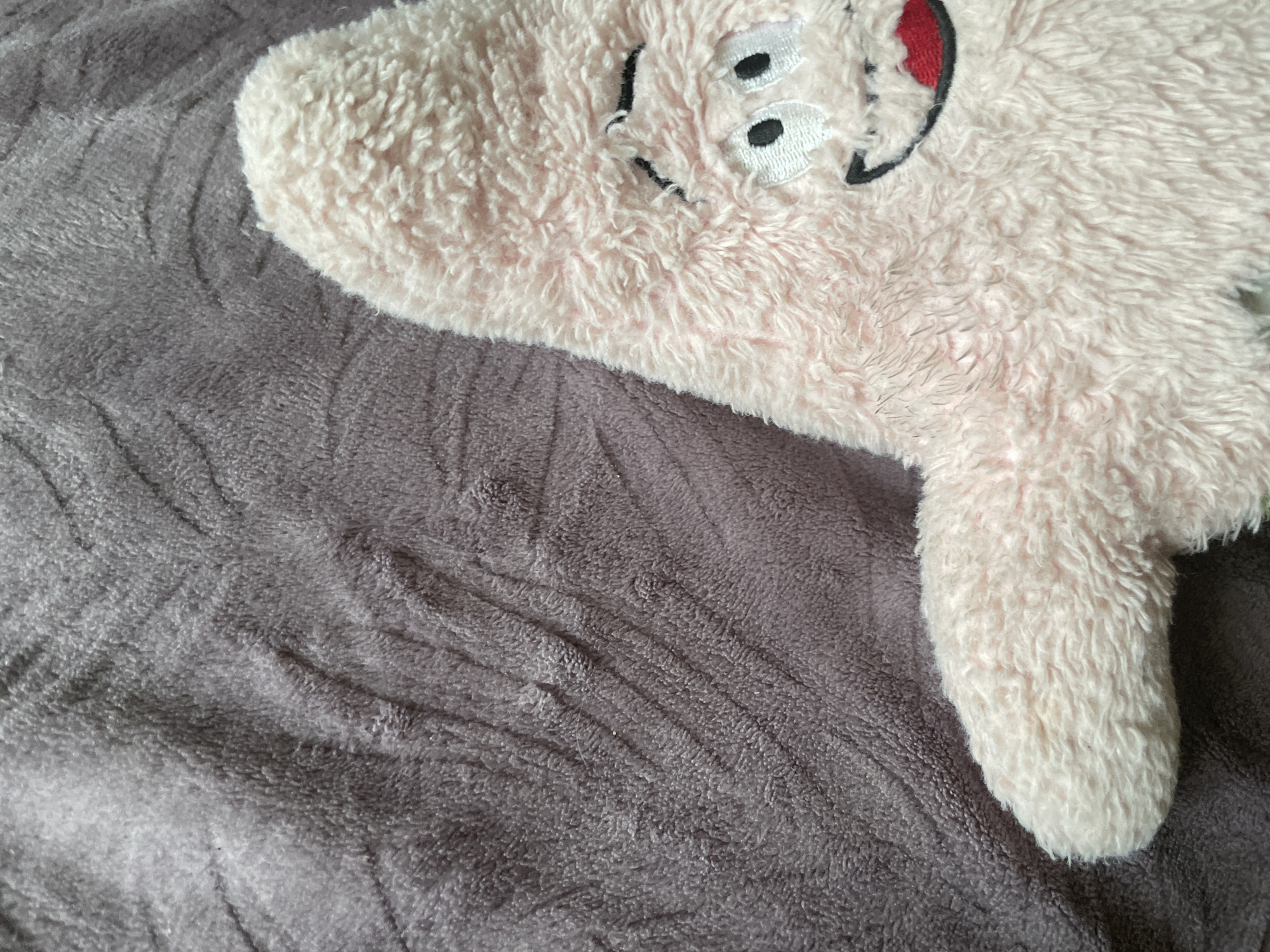 A close-up, overhead shot shows a pink, plush stuffed animal resting on a textured, grey blanket. The stuffed animal has cartoonish eyes and a red mouth. The blanket has a rippled pattern, with the fabric appearing soft and fuzzy. The scene is well-lit, with natural light casting soft shadows. The image composition focuses on the textures of the stuffed animal and the blanket, with the stuffed animal partially filling the frame.