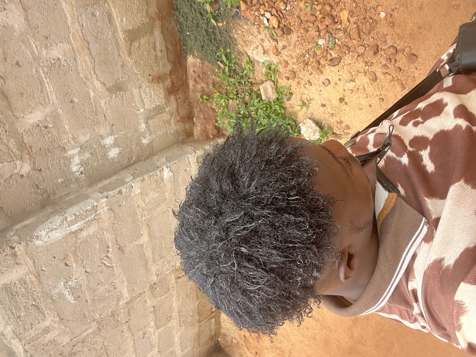 A low-angle shot shows an individual with short, gray, curly hair wearing a brown and white patterned shirt with a brown and white striped collar. The person's head is positioned towards the upper right of the frame. The background includes a textured brick wall to the left, patches of green vegetation, and reddish-brown soil and small rocks. The location is unknown, in the city of Unknown.