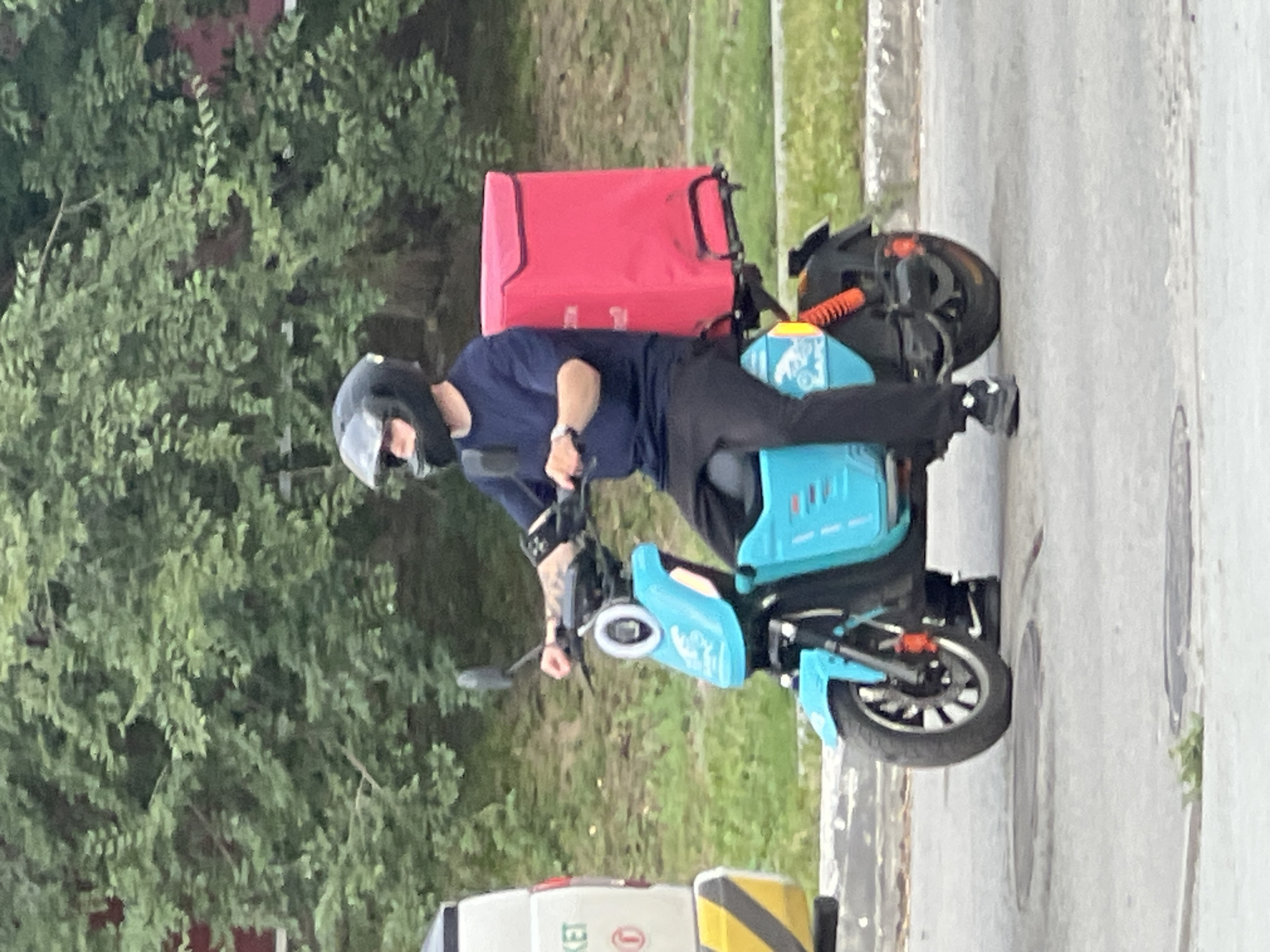 A person wearing a blue t-shirt, black pants, black sneakers, and a black helmet rides a bright blue electric scooter. The scooter has a large, pink insulated delivery box mounted on the back. The person has tattoos on their left arm. They are riding on a paved road with a patch of green grass and trees in the background. To the left of the scooter is the side of a white van with yellow and black striped markings. The scene appears to be in an urban or suburban environment, possibly a street in Novosibirsk, Russia.
