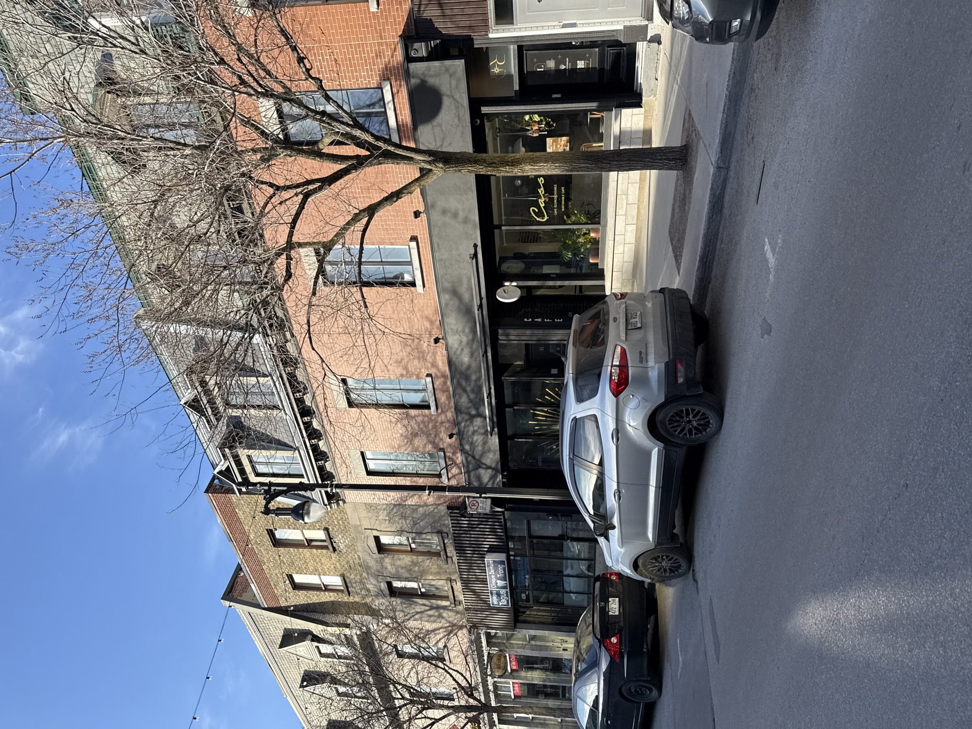 The image shows a street scene in Montreal, Canada. The location is on Avenue Laurier Ouest, identifiable by the business "Clinique Dentaire Laurier".
Several buildings of brick and stone construction line the street, characteristic of Montreal architecture. The building heights vary, with some having multiple stories.
The street is lined with parked cars, a black sedan and a silver SUV that are both facing in the same direction and parked parallel to the curb. A tree, appearing to be without leaves, is situated between the road and sidewalk.
The sky is blue, indicating it is daytime. The buildings cast a shadow.