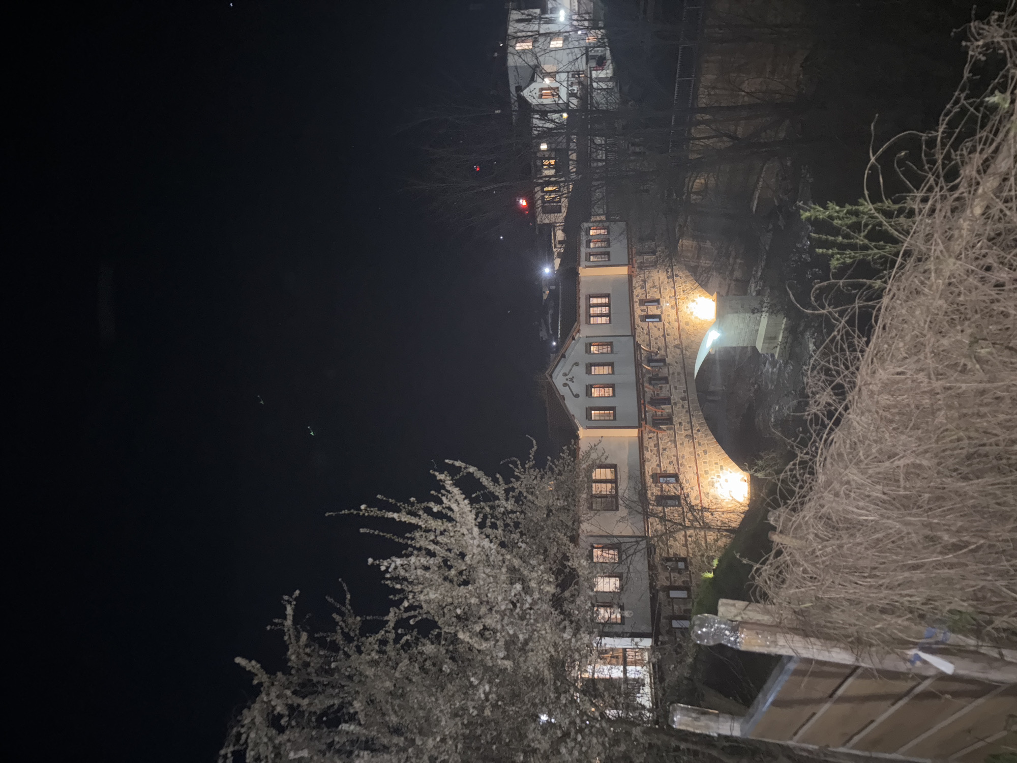 A nighttime view of Zlatograd, Bulgaria, showing a multi-story building with lit windows positioned next to a bridge with illuminated arches. The surrounding area features bare trees and some flowering bushes. The night sky is dark.