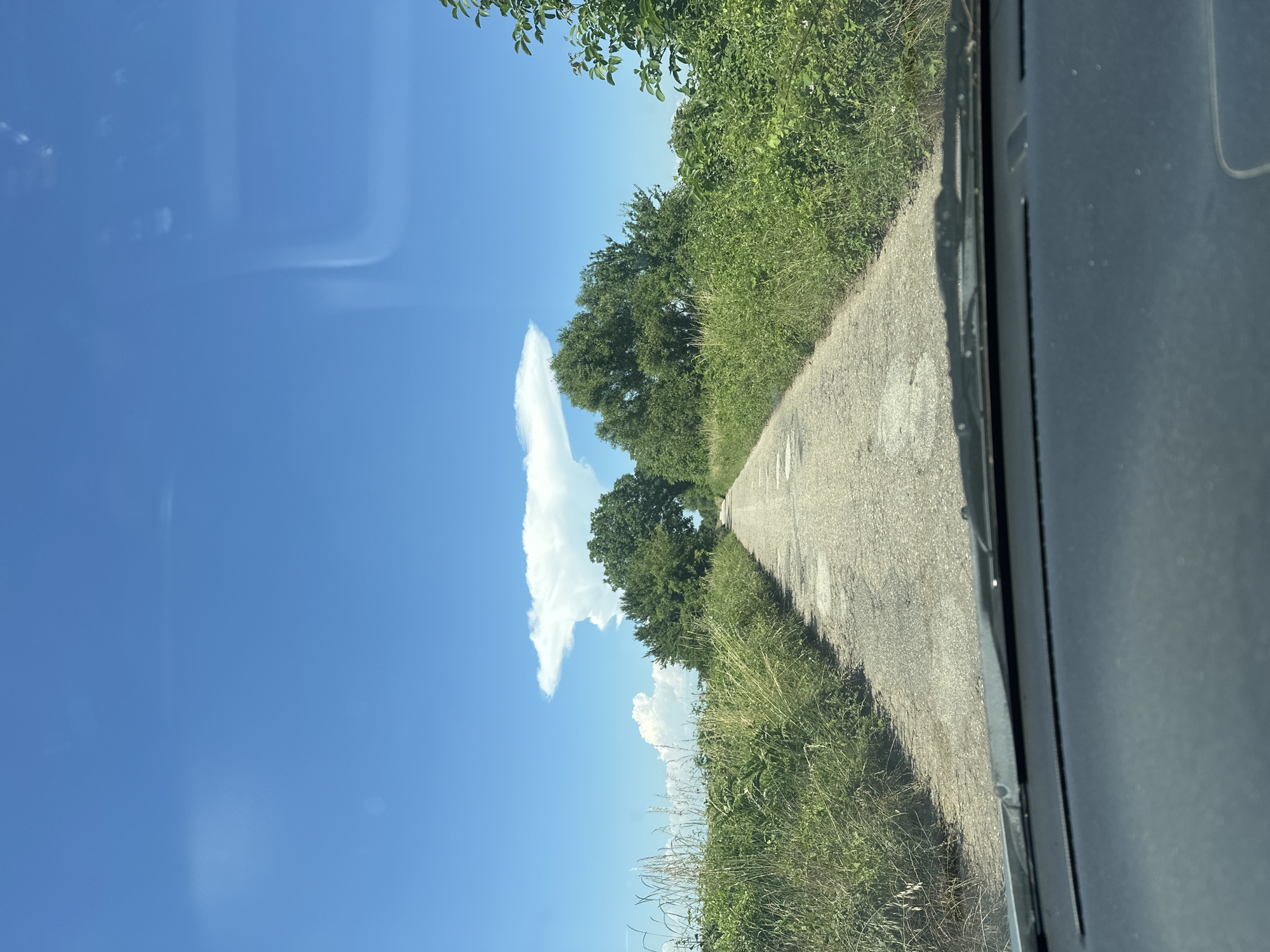 The image shows a perspective from inside a vehicle looking out at a narrow, unpaved road stretching into the distance. The road is flanked by lush green vegetation on both sides, with tall grass and trees. The sky above is a vibrant blue, with a large, distinctive cumulonimbus cloud formation resembling an anvil shape. The cloud is white and textured, standing out against the clear sky. The road surface appears worn and has several visible potholes. The foreground of the image includes the dashboard and windshield wiper of the vehicle. This scene is likely located in a rural area surrounding Muldava, Bulgaria, characterized by open fields and clear skies.