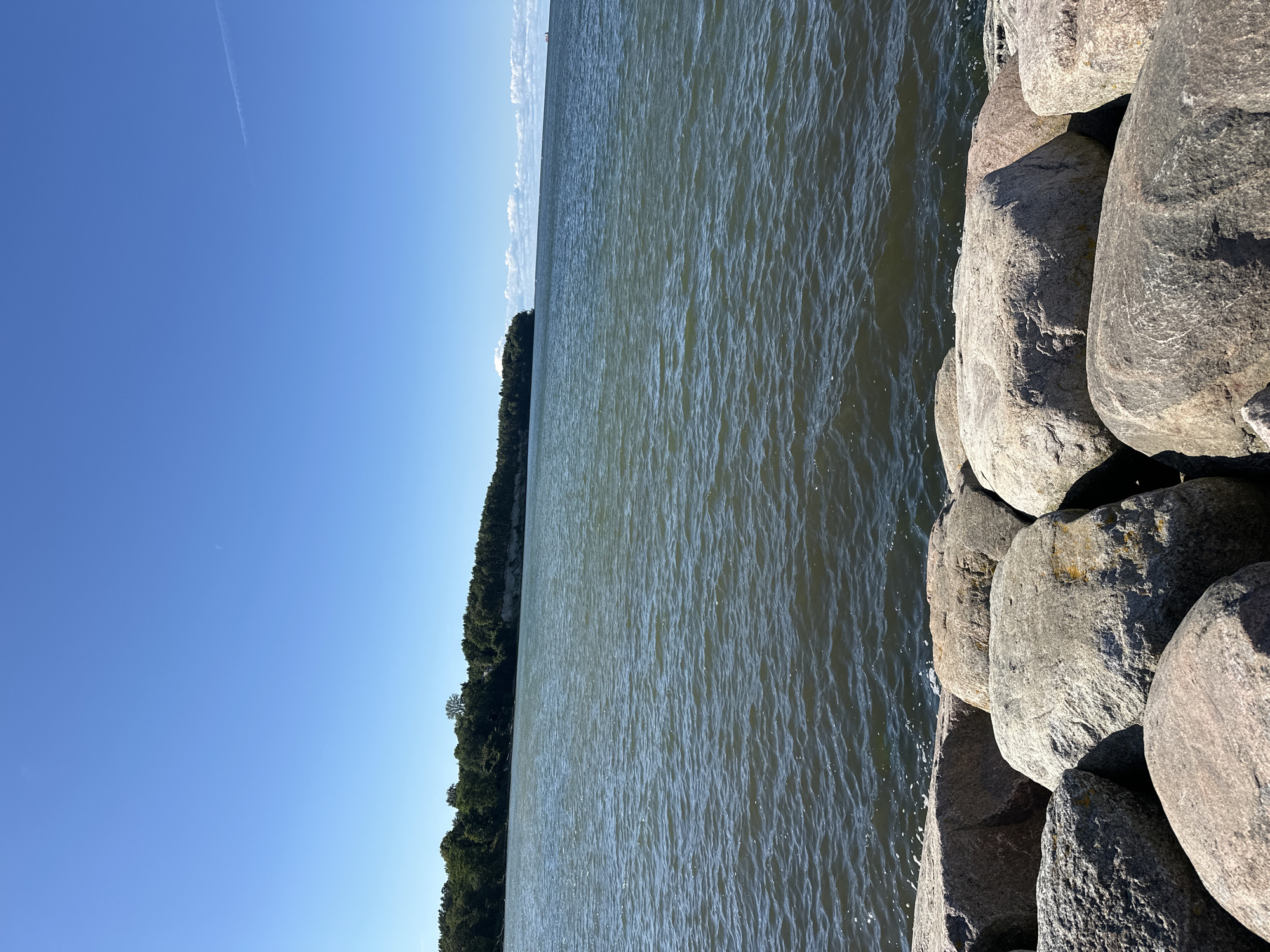This is a photograph of the Baltic Sea on a clear, sunny day, likely taken from the shore or a breakwater. In the foreground, large, weathered rocks are piled up, forming a barrier between the land and the water. The sea stretches out towards the horizon, with gentle ripples disturbing its surface. In the middle ground, a densely wooded coastline is visible, featuring a line of trees that creates a distinct green border against the sky. The sky itself is a bright, cloudless blue, suggesting fair weather. The overall impression is one of a natural landscape, likely a park or coastal area. Based on the landscape and the typical coastline of Tallinn, this photo may have been taken in the Pirita district of Tallinn, Estonia, known for its sandy beaches and pine forests, or perhaps along the coast near the Lennusadam Seaplane Harbour.