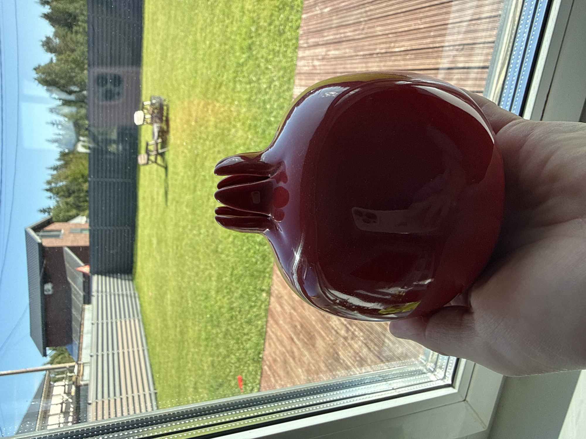 A hand holds a shiny, dark red pomegranate-shaped object in front of a window. Through the window, a green lawn, a wooden deck, and a dark fence are visible. In the background, two houses and trees are present. The sky is blue and clear. The location is Kolyasovo, Russia.