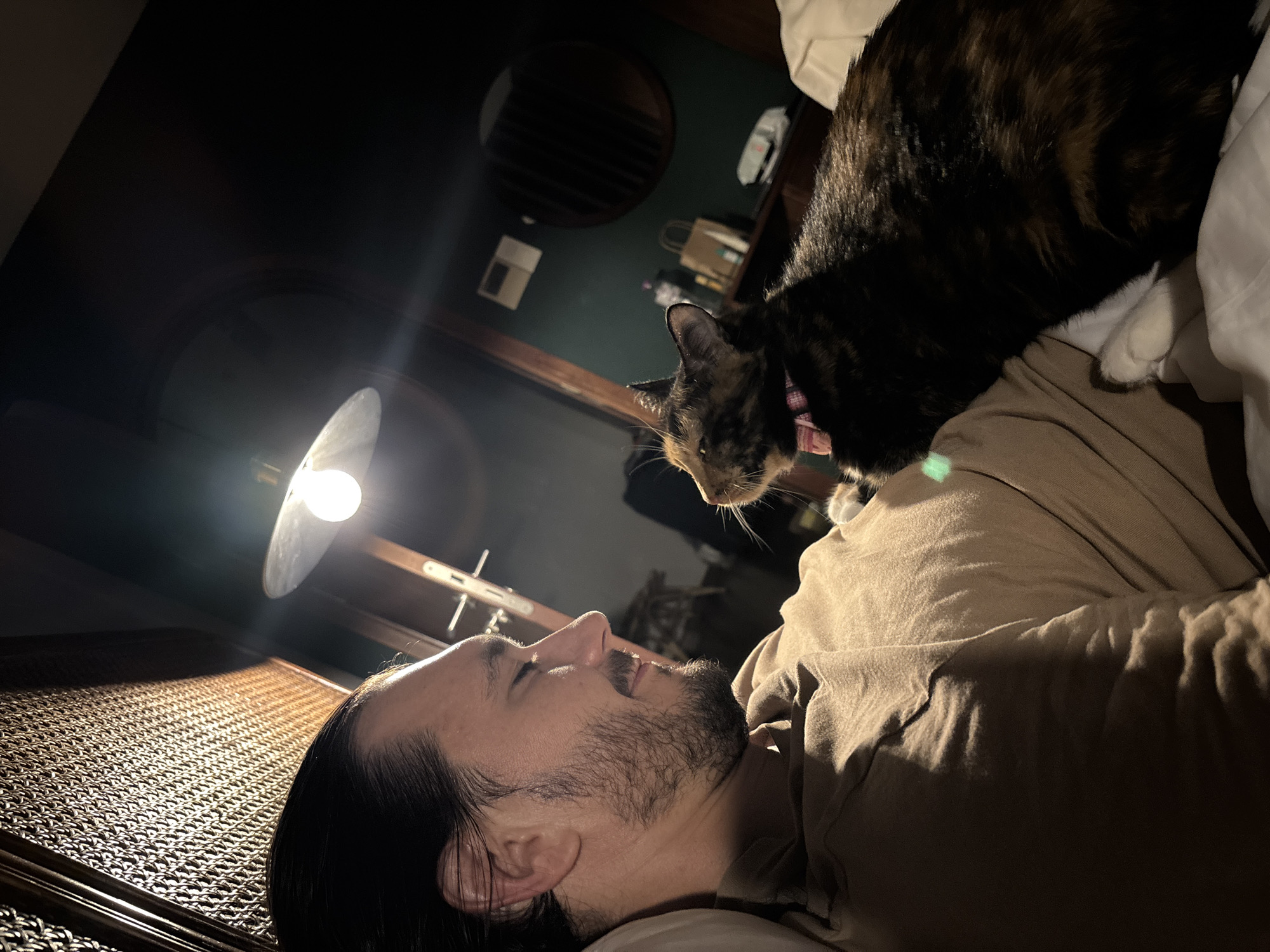 A man lies on his side in bed, face up, with a cat perched on his chest. The man has dark hair, a beard, and is wearing a light-colored t-shirt. The cat is a tortoiseshell color. A lamp illuminates the scene, with a round shade and a bright bulb. The room appears dimly lit with a dark green wall in the background. Behind the cat is a shelf with several items. The bed frame is dark wood, with a woven rattan headboard. The location is unspecified, and there is no indication of it being in Đà Nẵng, Vietnam.