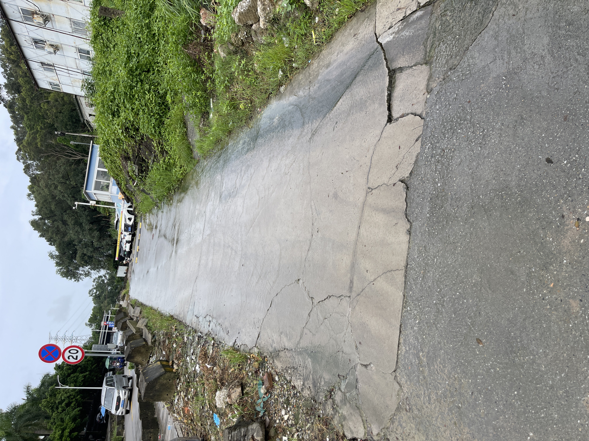 The image shows a wet, cracked asphalt road in the Panyu District of China. The road is lined with green vegetation and some debris. In the background, there is a white building with multiple windows, some of which have air conditioning units. There are also several parked cars visible. Traffic signs, including a speed limit sign of "20" and a no-parking sign, are present on the left side of the road. The sky is overcast.