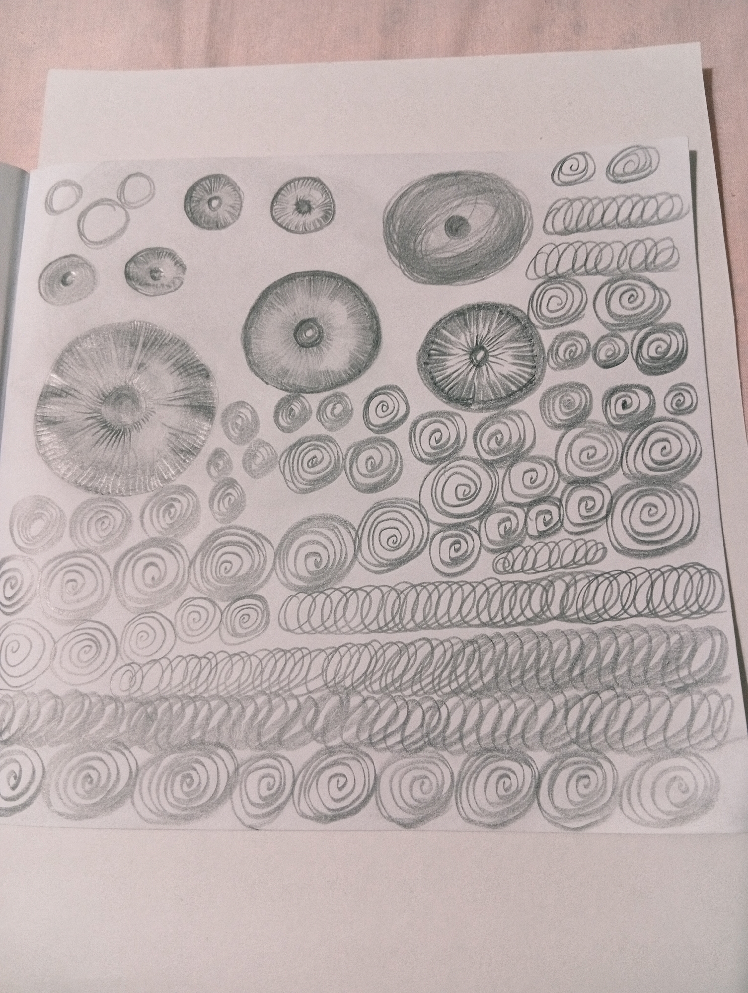 The image shows a close-up, overhead view of a page in a sketchbook filled with pencil drawings. The drawings consist of a variety of circular and spiral patterns. Some circles are rendered as solid forms with shading, resembling mushrooms or eyes. Others are depicted as outlines, and a significant portion of the page is covered in rows of concentric spirals, creating a textured effect. There are no people, animals, or recognizable landmarks visible in the drawing or the surrounding environment. The background is a plain, lightly textured surface, possibly a table or a cloth. The lighting is soft and appears to be coming from above, casting subtle shadows within the pencil strokes. The image does not contain any information that would allow for identification of a specific location in San Antonio de Los Altos, Venezuela.