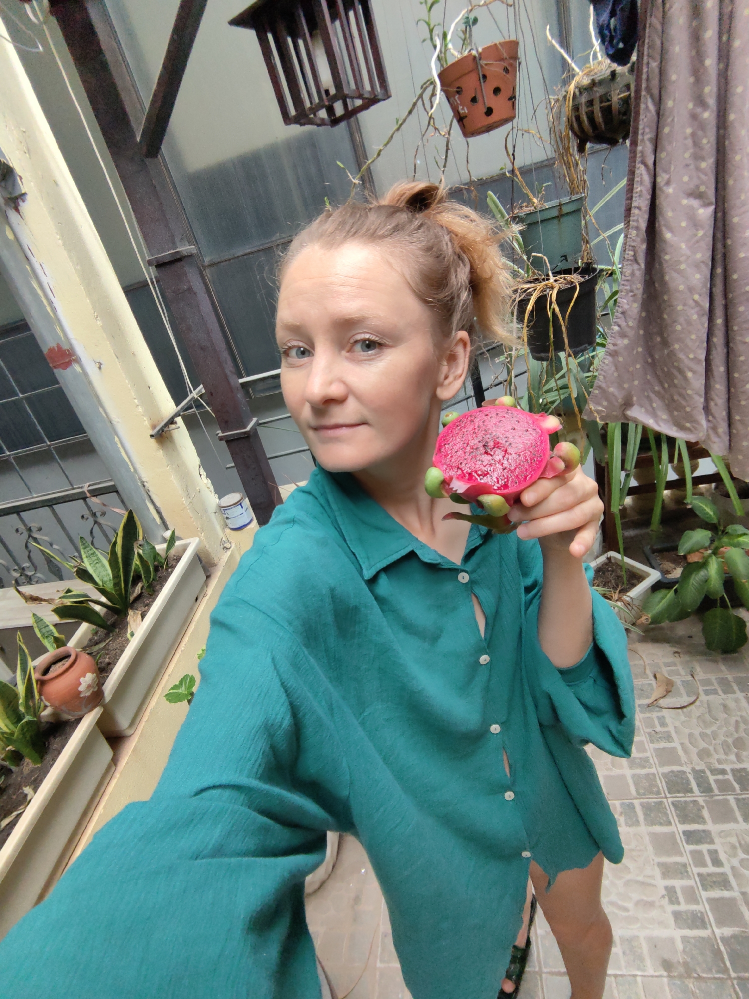 A woman with light hair, styled in a bun, and blue eyes is captured in a selfie, holding a vibrant pink, half-cut dragon fruit in her left hand. She is wearing a loose, long-sleeved teal button-up shirt. Her expression is neutral as she looks directly at the camera.
The setting is an outdoor or semi-outdoor space, likely a balcony or patio in Hà Nội, Vietnam. The background features various potted plants, including snake plants in white rectangular planters positioned along a low wall. Above, several hanging plants are visible in terracotta and dark plastic pots, some appearing somewhat dry. A brown curtain with lighter polka dots hangs on the right side of the frame. Architectural elements include a yellow-painted vertical beam, a darker brown metal pole, and a metal lantern suspended overhead. The floor is paved with light-colored square tiles. The overall lighting suggests it is daytime. There is no visible text in the image.