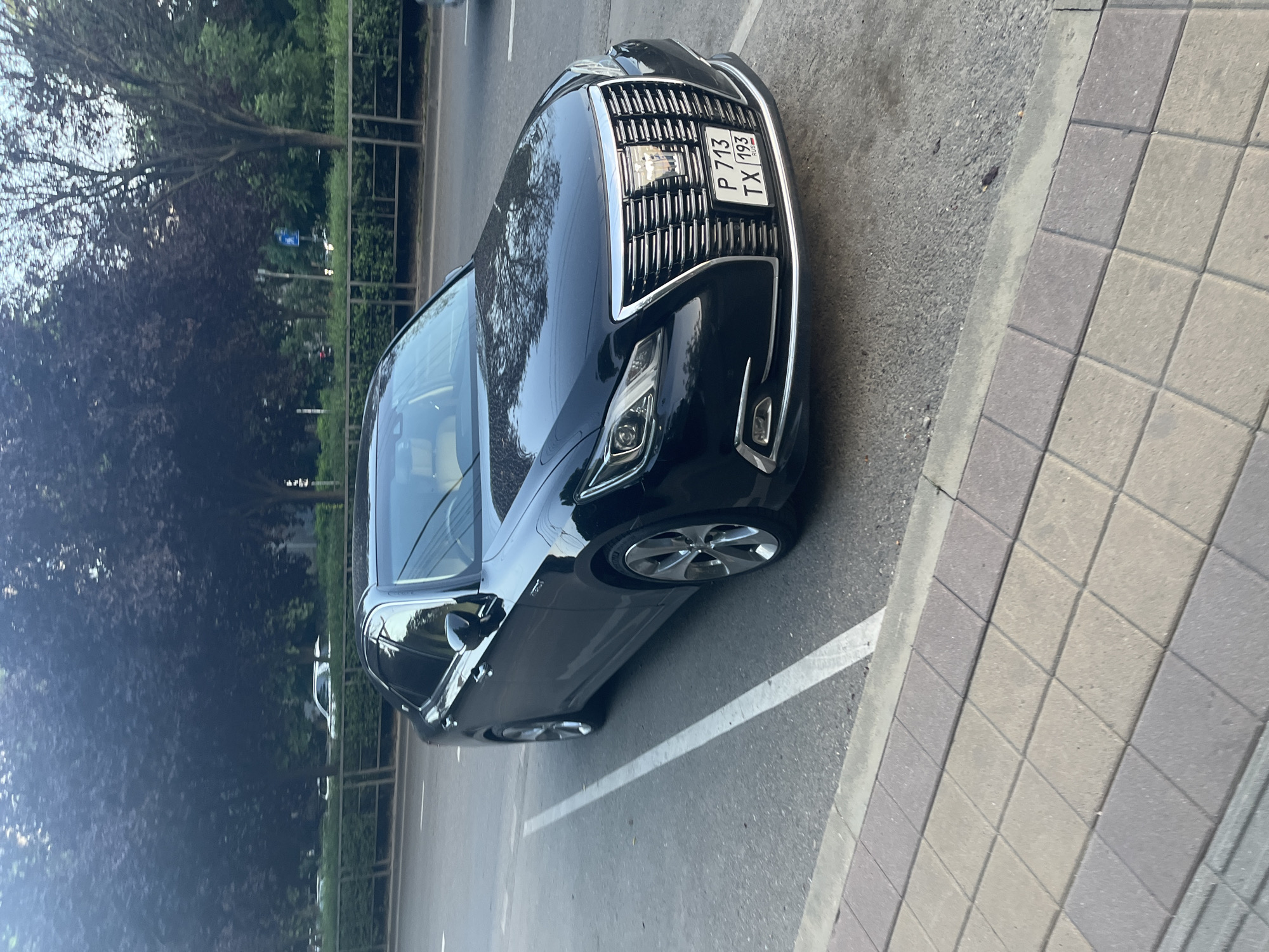 A black sedan, identified as a Toyota Crown Athlete, is parked parallel to a street in a city. The car has a chrome grille and a license plate reading "P 713 TX 193 RUS". The vehicle is positioned in a marked parking spot, indicated by white lines on the asphalt. To the left of the car, a sidewalk made of beige and gray interlocking pavers is visible. Beyond the street and sidewalk, a row of neatly trimmed green bushes forms a hedge, backed by trees with dark foliage. In the distance, other cars and trees can be seen, suggesting an urban environment. The sky is overcast, and the overall lighting suggests it is either early morning or late afternoon. The location is the city of Krasnodar, Russia.