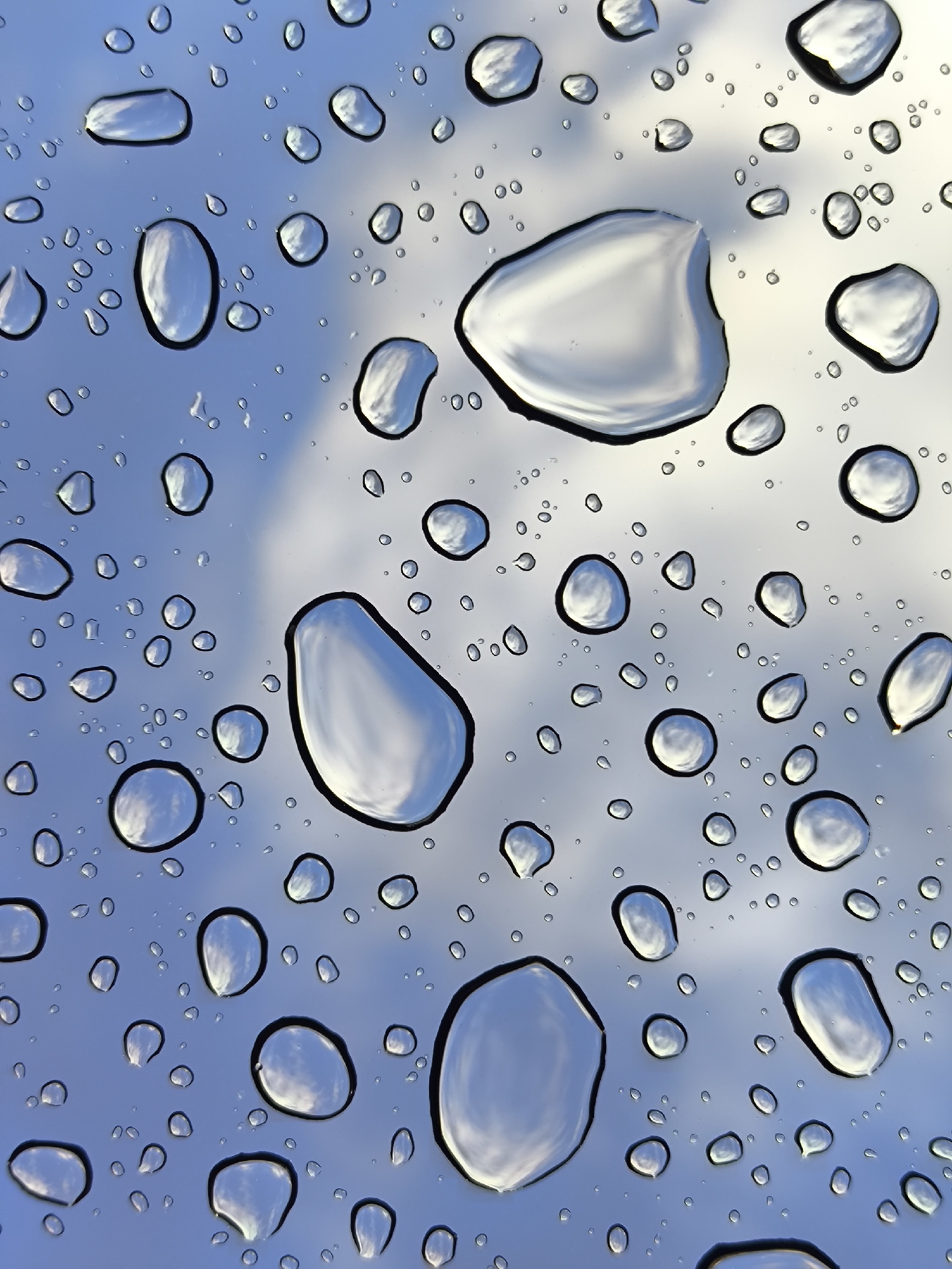 The image depicts a close-up view of water droplets on a transparent surface, likely glass, with a blurry background of blue sky and white clouds. The droplets vary in size, with some being large and irregular in shape, while others are small and spherical. The light source appears to be from above, creating reflections and highlights within the droplets, giving them a three-dimensional appearance. The edges of the larger droplets are outlined with a dark rim, suggesting surface tension.
There is no specific location in the city of Kaliningrad, Russia, that can be identified from this image. It is a generic representation of water droplets on a surface.
The scene is static and does not involve any people, actions, or interactions. The subjects are solely the water droplets and the background. The environment is characterized by the contrast between the clear droplets and the diffused light from the sky.