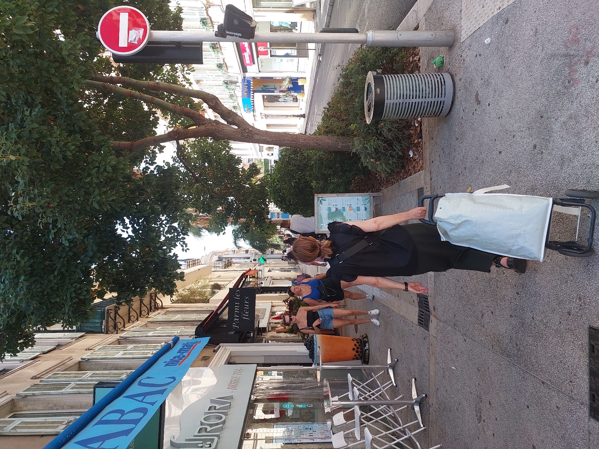 The image shows a street scene in Nice, France. The viewpoint is from behind a woman who is walking away from the camera, pulling a shopping cart. The woman is wearing a black shirt and dark pants. She is walking on a sidewalk next to a street. In the background, there are several shops, including one with a blue awning that says "ABAC" and "nice-math". There is also a large tree with green leaves and a traffic light with a red circle and white bar sign. The street appears to be busy with pedestrians and some cars. The buildings in the background are typical of European architecture, with shutters on the windows. There is a trash can on the sidewalk near the tree.