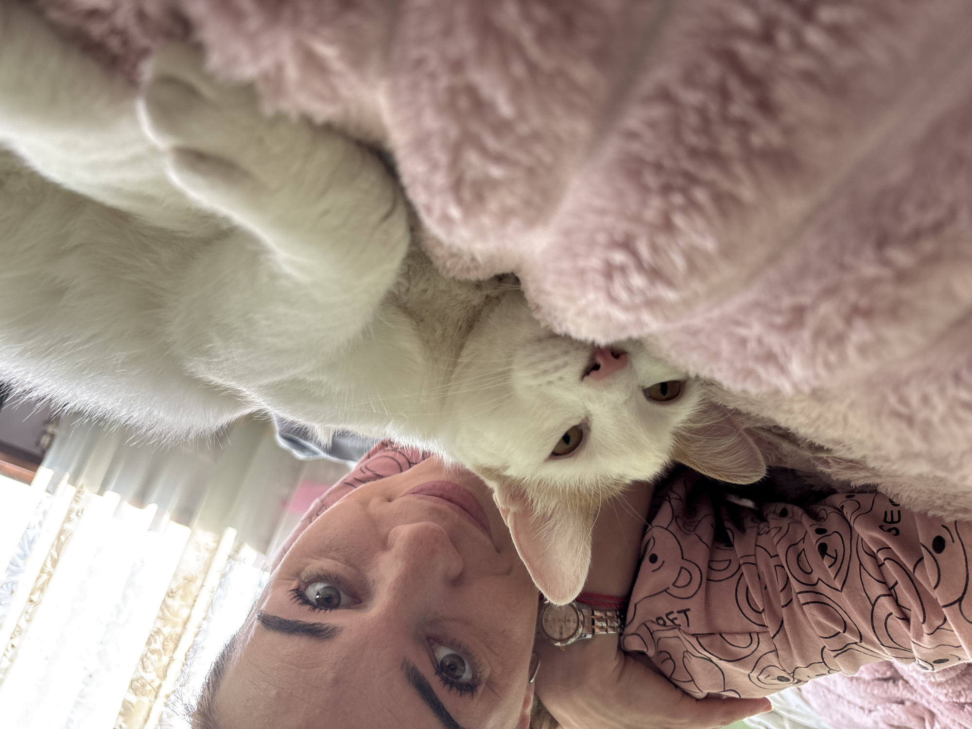 A close-up, overhead, upside-down selfie shows a woman and a white cat snuggled together under a pink, fuzzy blanket. The woman's face, partially obscured by the cat, is looking at the camera with a warm expression. Her eyes are open, and she has makeup on her eyes and eyebrows. A watch with a red band is visible on her left wrist. The cat is white with orange markings on its ears and face. Its yellow eyes are looking directly at the camera. The cat's body is mostly hidden by the blanket, but a paw is visible resting on the woman's chest. The background appears to be a room with sheer curtains and natural light, suggesting it might be daytime. The overall mood is cozy and affectionate. No visible text is present in the image.