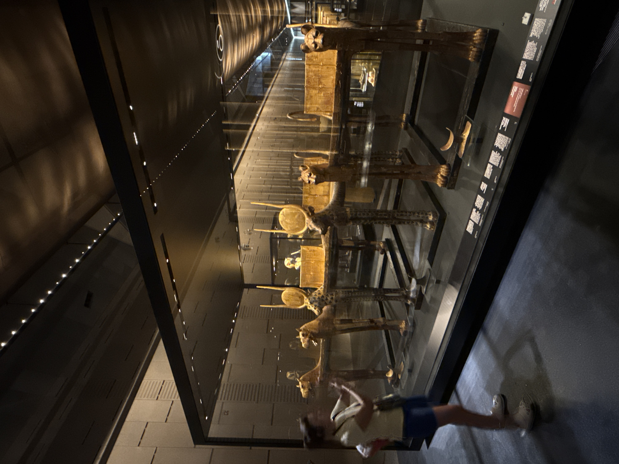 The image shows a dimly lit museum exhibit displaying ancient Egyptian artifacts, likely from Tutankhamun's tomb, in Kafrat Nassar, Egypt. In the foreground, a woman with brown hair, wearing a white shirt and blue shorts, is captured in motion, appearing to take a photo with her phone. She is standing to the left of a glass display case. Inside the case, several golden animal-shaped funerary beds are arranged. These beds are adorned with animal heads and Egyptian hieroglyphs, and they stand on ornate legs. The exhibit is illuminated by soft, warm lights that cast shadows on the dark floor. The background of the exhibit appears to be a wall with a textured pattern, and a long, narrow hallway with patterned ceiling lights is visible in the distance. The overall atmosphere is one of reverence and historical significance.