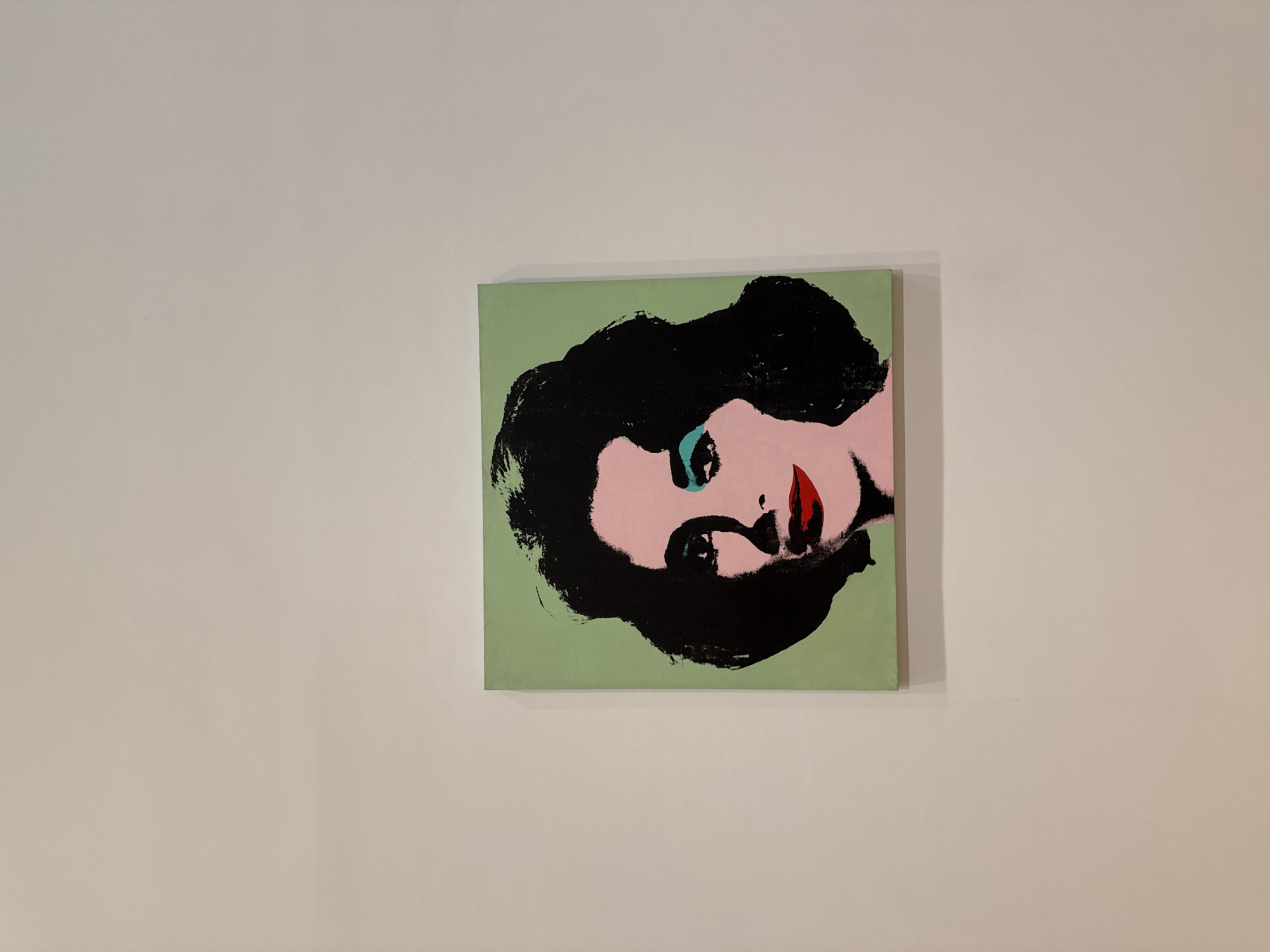 A square canvas painting of Elizabeth Taylor in the style of Andy Warhol hangs on a light beige wall. The canvas is green in the background, with black hair, pink skin, and a red lip. The person depicted has one eye in teal and the other in black. The painting is centered in the right-hand side of the frame. The painting is likely located in a museum or private collection, but not necessarily in Chicago.