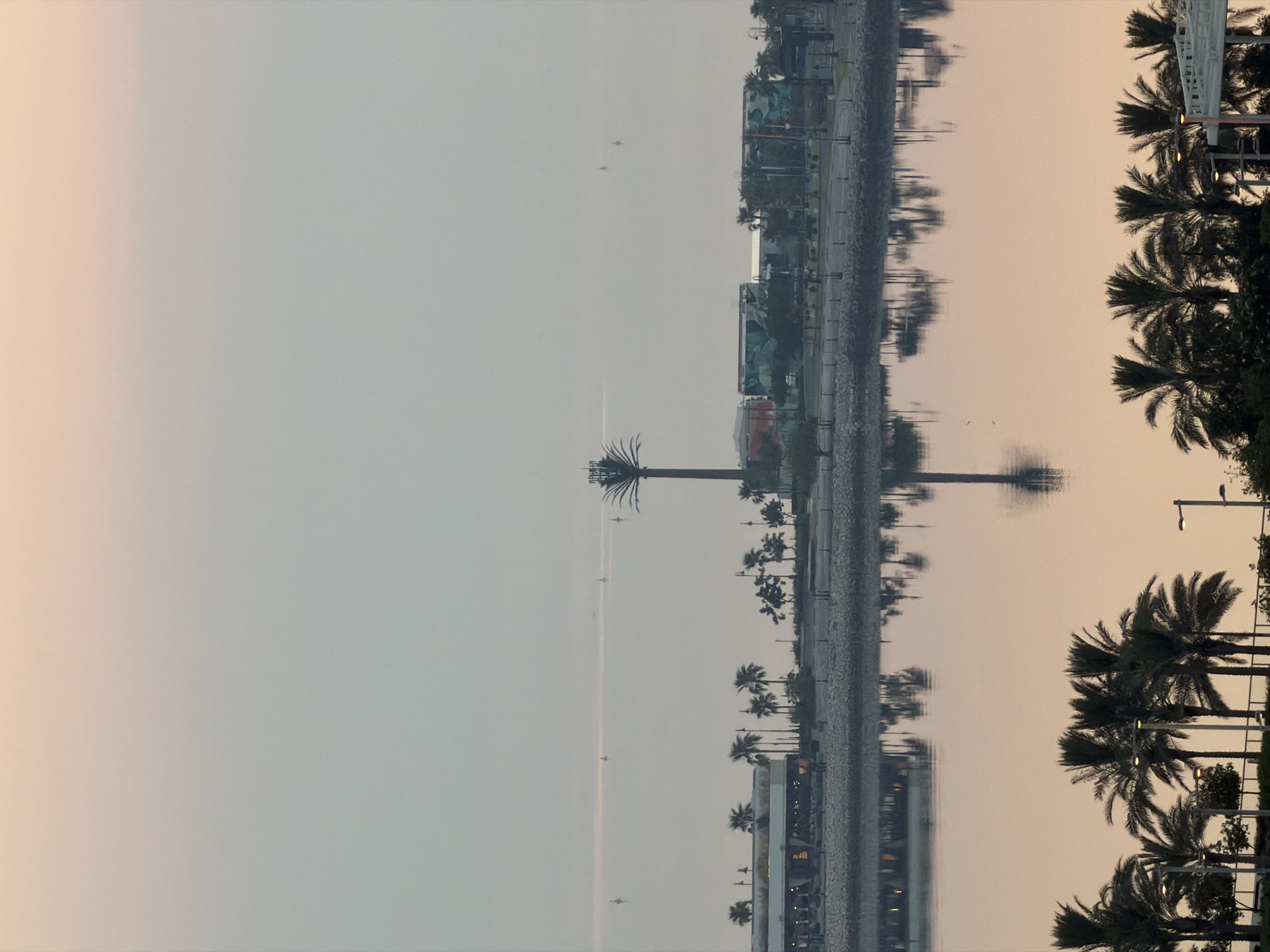 This is a photograph of a waterfront scene at dawn. The sky transitions from a soft pink at the top to a pale grey towards the horizon. The water in the foreground is calm and reflects the palm trees lining the shore and the buildings beyond. On the far shore, a long building with a white roof is visible, along with several palm trees. Further in the distance, a tall, thin structure with a palm-like top stands out against the hazy sky. Several small boats or buoys are scattered across the water. The overall impression is one of tranquility and early morning light.