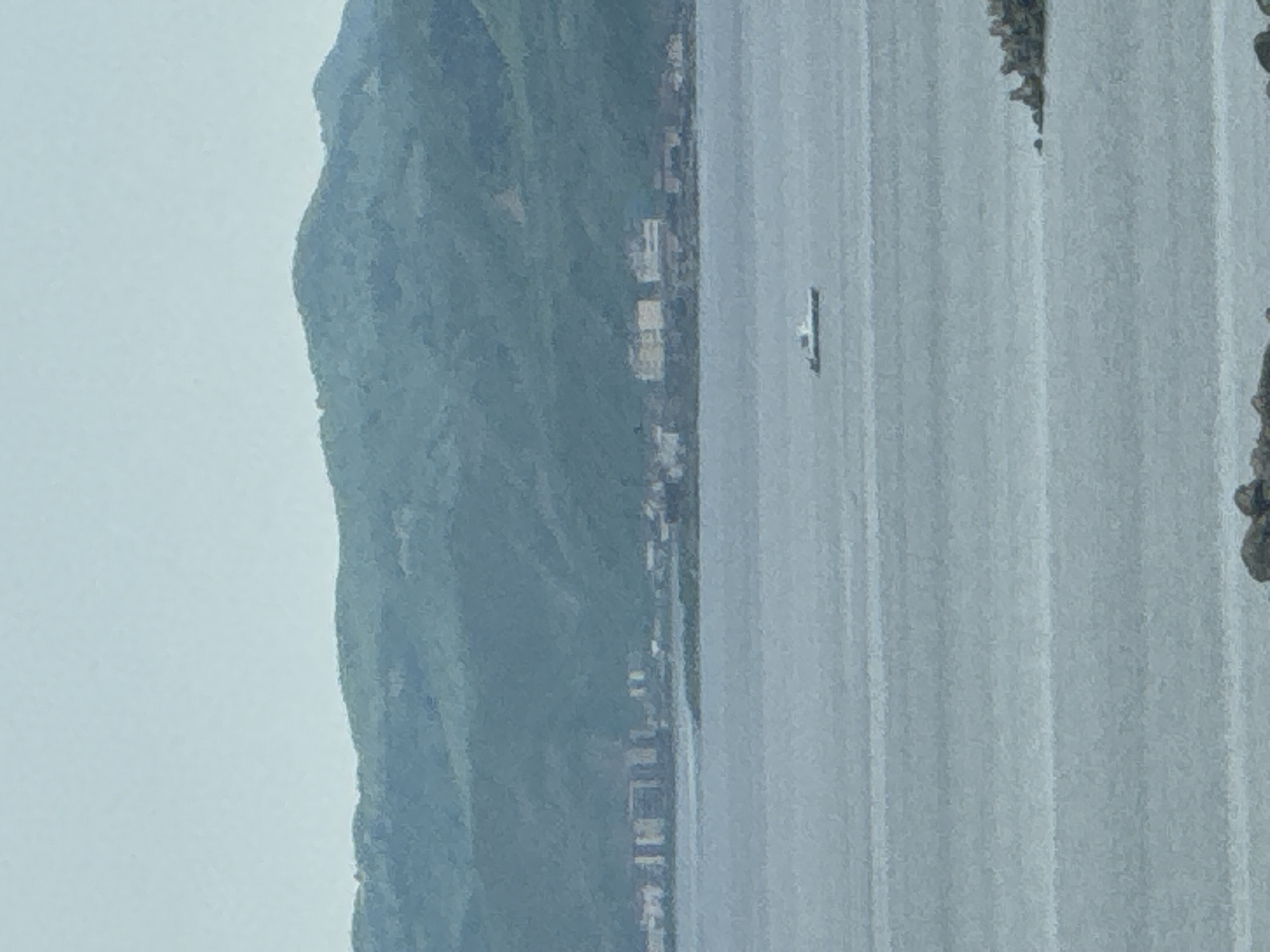 The image depicts a wide-angle view of a coastal area, likely in Kholmsk, Russia, under an overcast sky. In the foreground, a body of water is visible, with small waves and a textured surface. To the right, a rocky outcrop or breakwater emerges from the water. In the middle ground, a small, white boat with a dark hull is sailing on the water. Beyond the water, a coastline is visible, lined with buildings that appear to be apartment complexes or hotels, some with multiple stories and light-colored facades. Behind the buildings, a large, tree-covered mountain or hill rises, its slopes covered in dense vegetation, and its peak shrouded in a light haze. The overall color palette of the image is muted, dominated by blues, grays, and greens, suggesting a cool or slightly hazy day. There are no people or animals clearly visible in the scene.