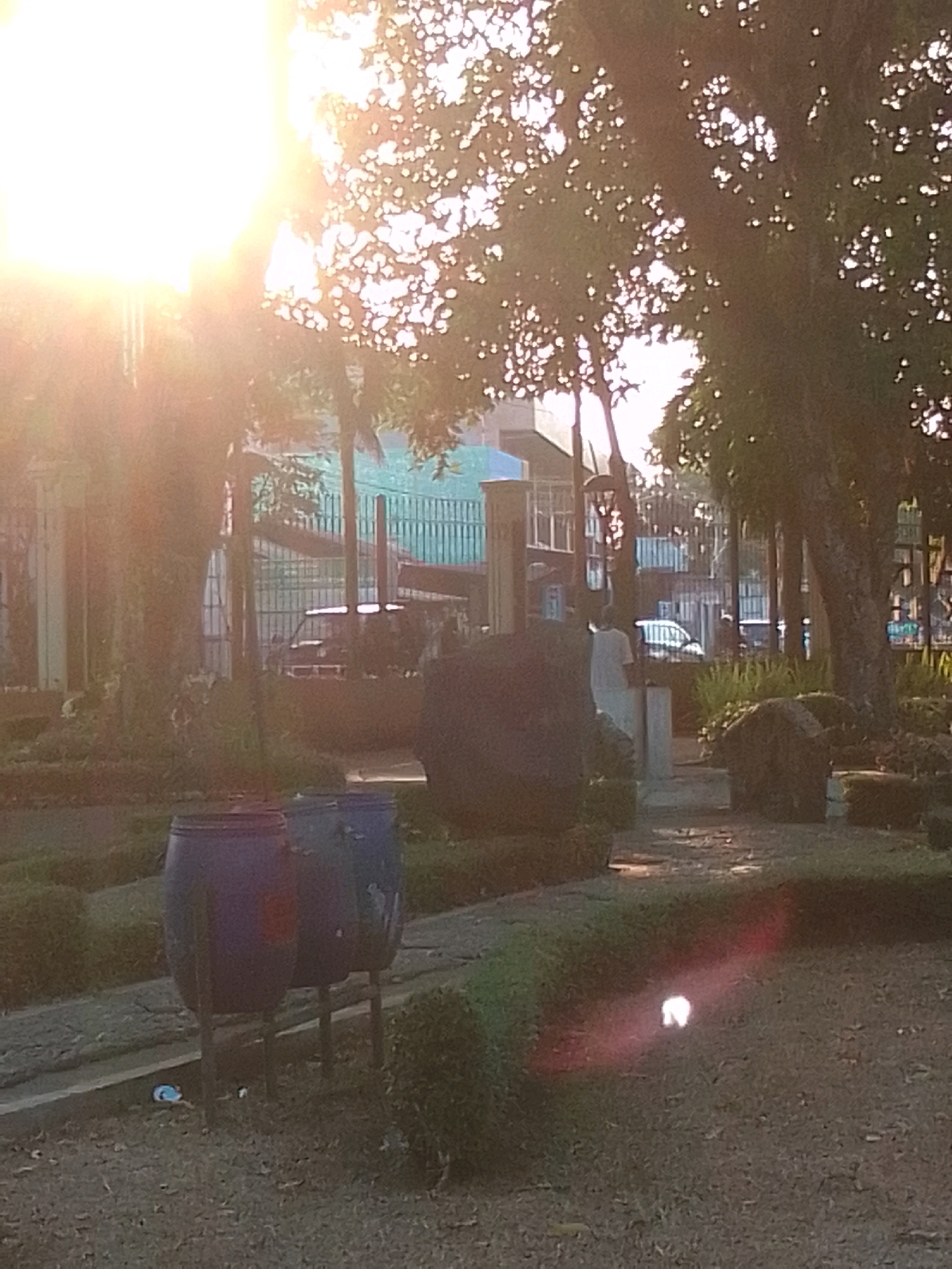 In an outdoor setting with dappled sunlight filtering through trees, two large blue barrels are positioned on legs to the left of the frame. A person in a light-colored shirt and pants stands to the right of the barrels, near a white pillar. Behind them, a car is visible, along with a green fence and buildings. The ground is covered in gravel and grass, with some low-lying bushes. A bright light source, possibly the sun, is creating lens flare in the upper left and a reddish glow with a bright spot on the ground in the lower right.