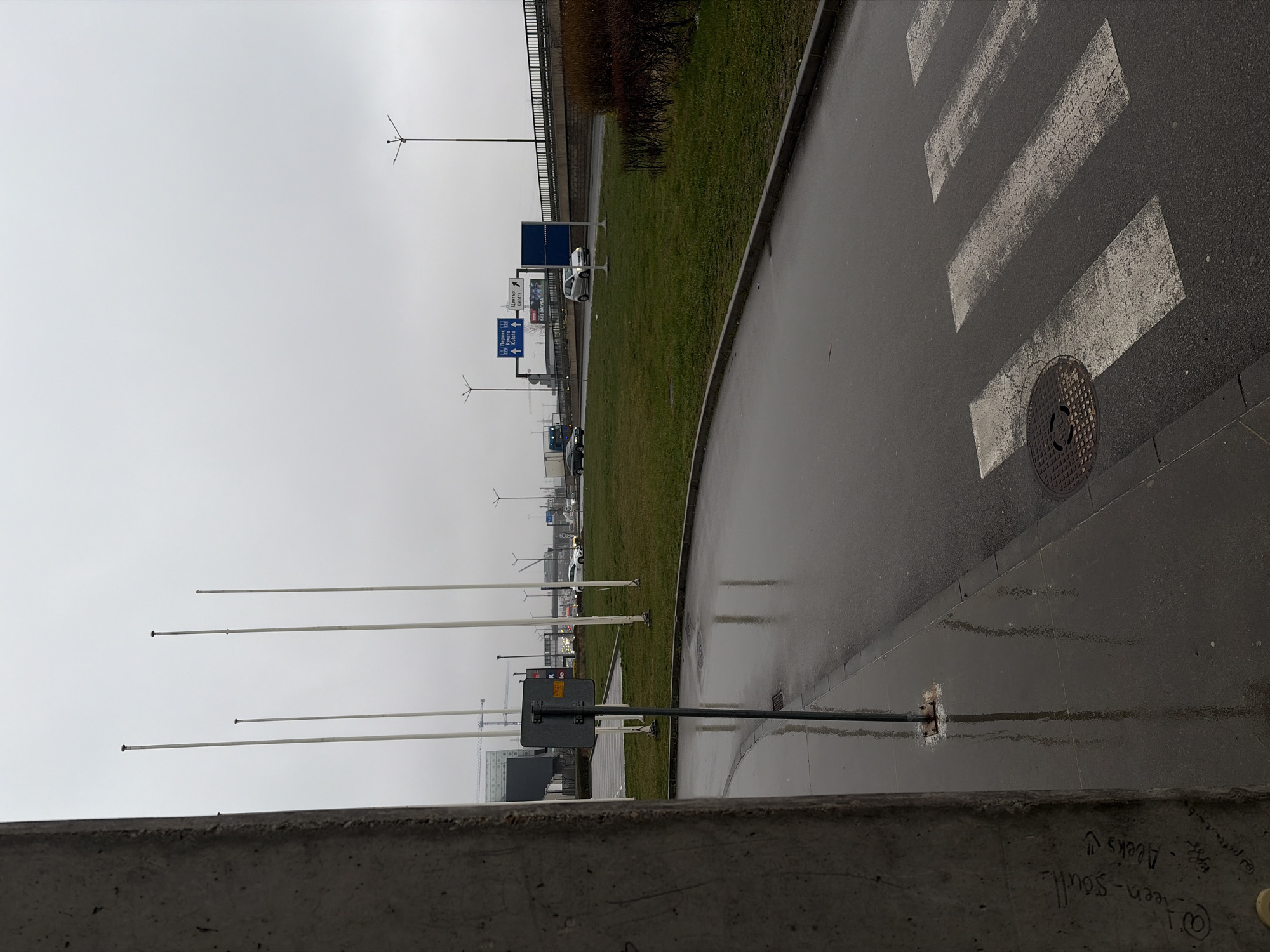 The image shows a rainy street scene in Sofia, Bulgaria, with a view across the street to a grassy median, a road with cars, and buildings in the distance. In the foreground, there is a low concrete wall with graffiti. Above the wall, there are four tall metal poles extending upwards. Across the street, a crosswalk is visible, with a manhole cover next to it. The sky is overcast.