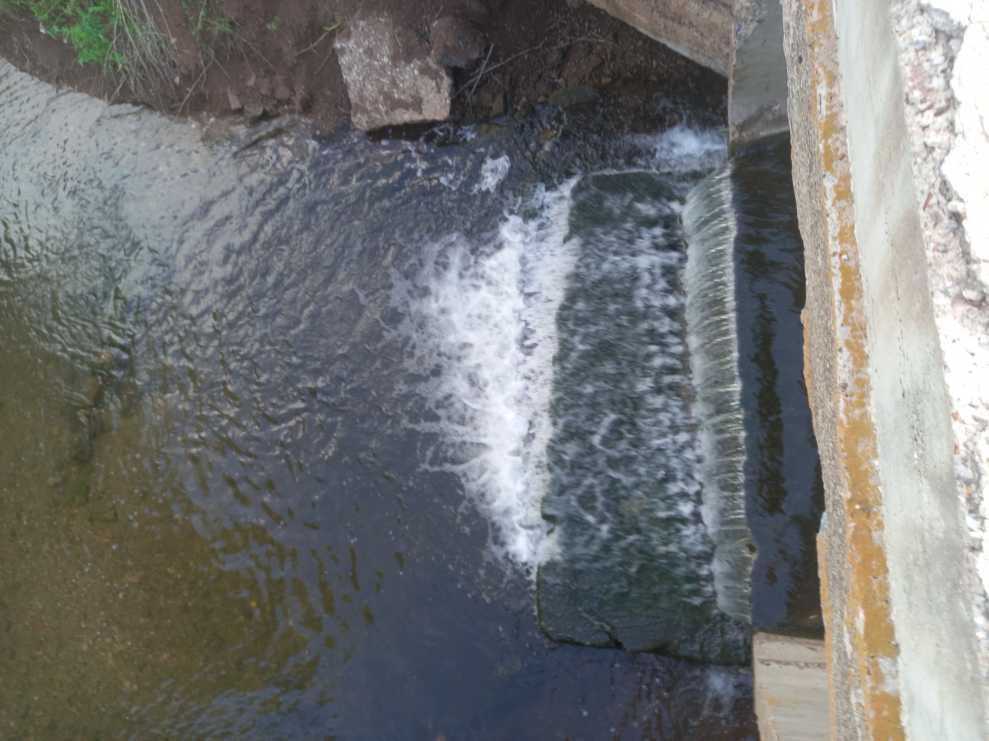 A top-down shot captures a small waterfall cascading over a concrete structure. The water is frothy and white where it falls, creating a dynamic contrast with the darker, calmer water below. The surrounding area appears to be a natural setting, with a dirt bank covered in sparse green vegetation visible on the left. Some rocks are present along the edge of the bank, and a larger, rough-hewn stone sits near the water's edge. On the right side of the image, a rough, textured concrete wall with a yellowish-brown stain runs vertically, suggesting it's part of an embankment or dam. The scene is likely outdoors, given the natural elements and the flow of water. The lighting suggests it could be daytime, but no specific time or weather conditions are evident. There is no visible text in the image.