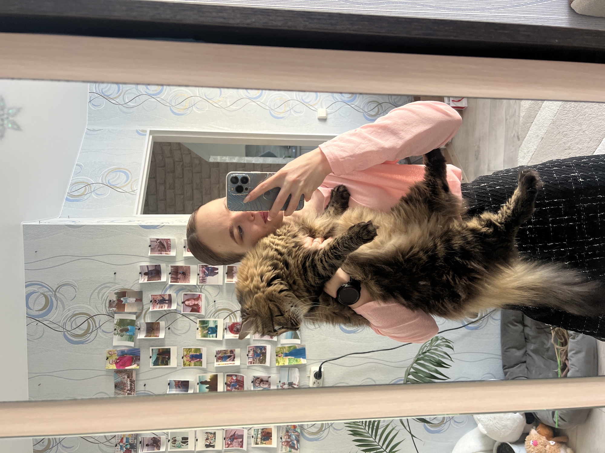 A person in a pink sweater is taking a selfie in a mirror, holding a large brown and black cat. The mirror reflects a room with wallpaper decorated with wavy lines and a collage of photos attached to the wall. A doorway is visible in the reflection, leading to a room with brick walls. A green plant, a white stuffed animal, and a brown plush toy are also visible in the reflection. The image appears to have been taken indoors in Chaikovsky, Russia.