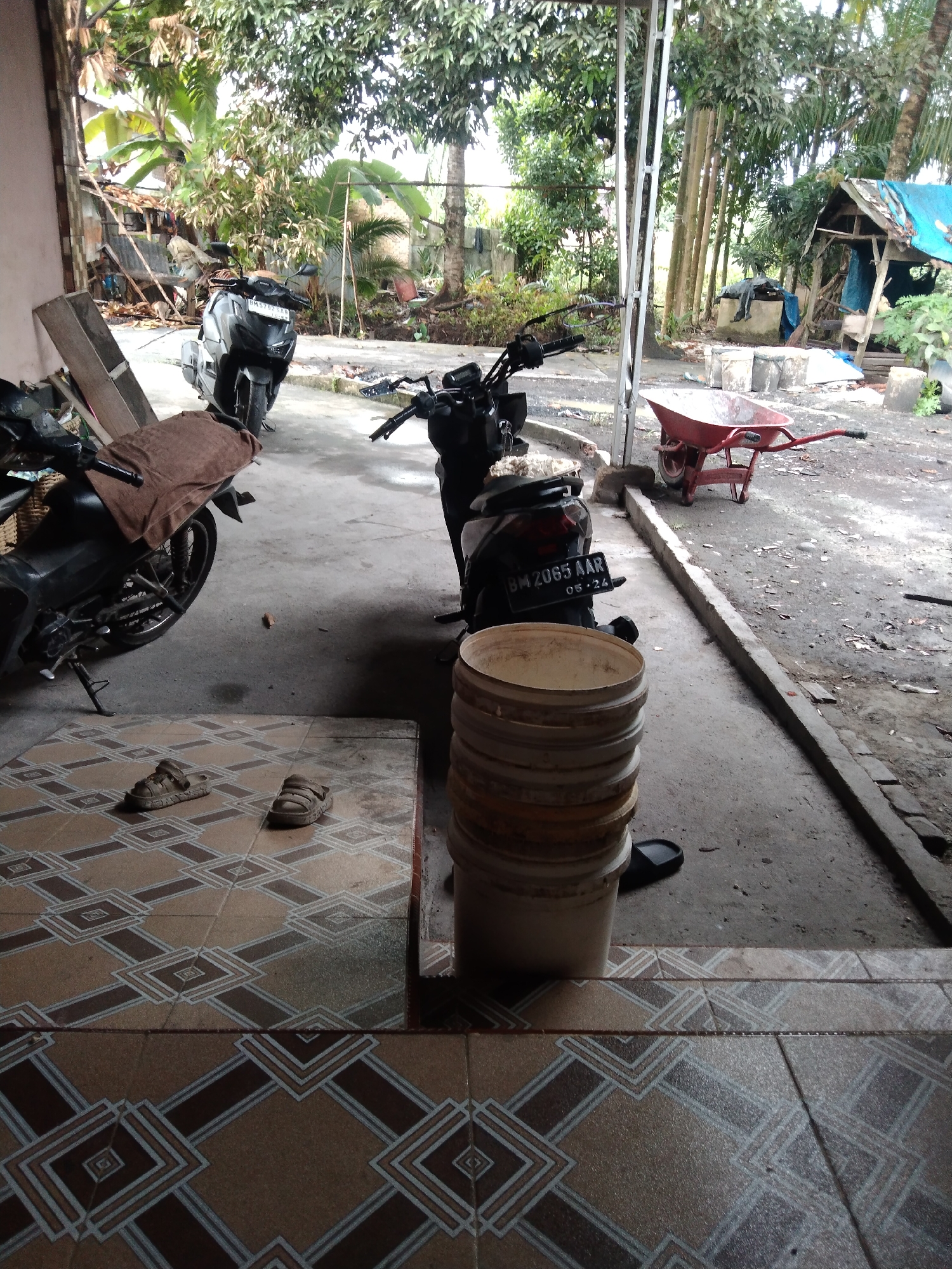 The image depicts an outdoor scene at what appears to be a residential or workshop area in Suak Lanjut, Indonesia. In the foreground, a patterned tile floor is visible, with a pair of dusty, brown sandals placed on it. To the right of the sandals, a stack of white plastic buckets is arranged, with a black flip-flop partially visible near the bottom bucket.
Behind the buckets, a concrete floor leads to an area with several parked motorcycles. One motorcycle in the center is black and white, with a license plate reading "BM 2065 AAR" and "05.24." A brown cloth is draped over the seat of another motorcycle to the left.
Further back, the scene opens up to a yard with trees and vegetation. A red wheelbarrow is positioned in the middle ground. To the right, a makeshift shelter with a blue tarp roof is visible, and beyond that, more greenery and trees. The overall impression is a functional, somewhat cluttered outdoor space.