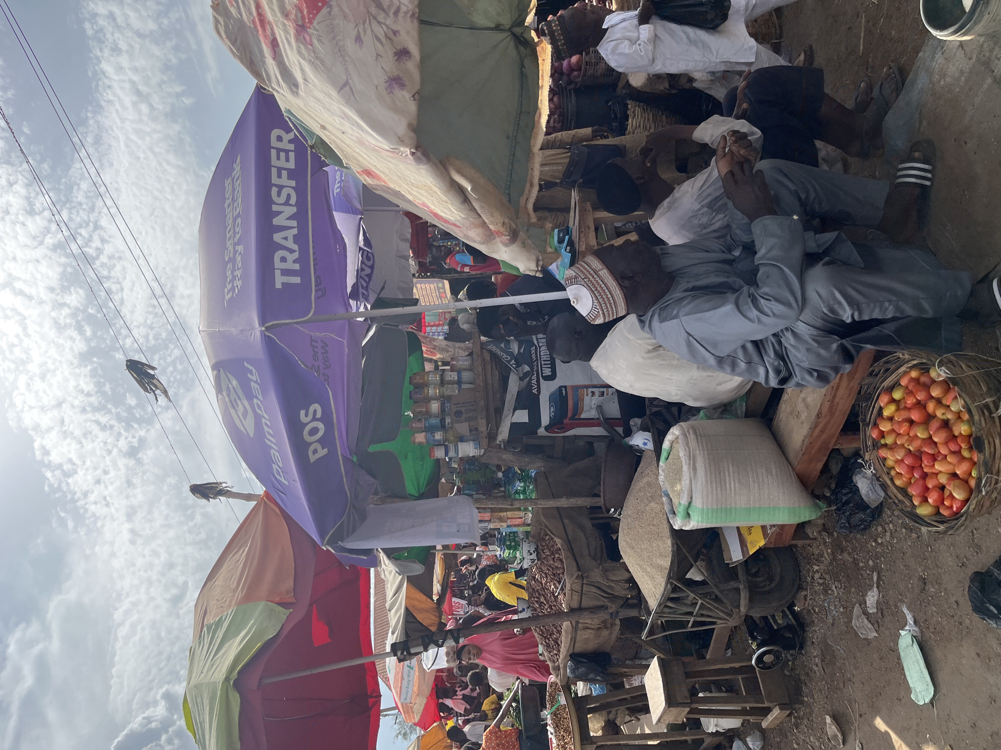 This image depicts a bustling outdoor market scene in Rafin Par, Nigeria, under a cloudy sky with visible overhead wires and some debris hanging from them. The market is characterized by numerous stalls covered with various colored umbrellas, including prominent purple umbrellas displaying "PalmPay" and "POS TRANSFER" branding, suggesting financial services are offered.
In the foreground, a basket filled with ripe tomatoes sits on the ground. To its left, a large sack of grain is visible, and further back, a wheelbarrow is piled high with more grain or similar dry goods. A small sewing machine is positioned near the base of a wooden stool.
Several individuals are present in the market. In the center, a person wearing a pink outfit is interacting with the market. A man in a yellow shirt is also visible among the stalls. In the middle ground, a group of men are seated on a wooden bench. One man wears a grey traditional outfit and a patterned cap, while another wears a white garment. A man in a white traditional outfit walks in the background on the right. The ground is unpaved and dusty, with various objects scattered around, including bags and discarded materials. The market appears to be a place of commerce, with goods like grains and produce displayed for sale.
