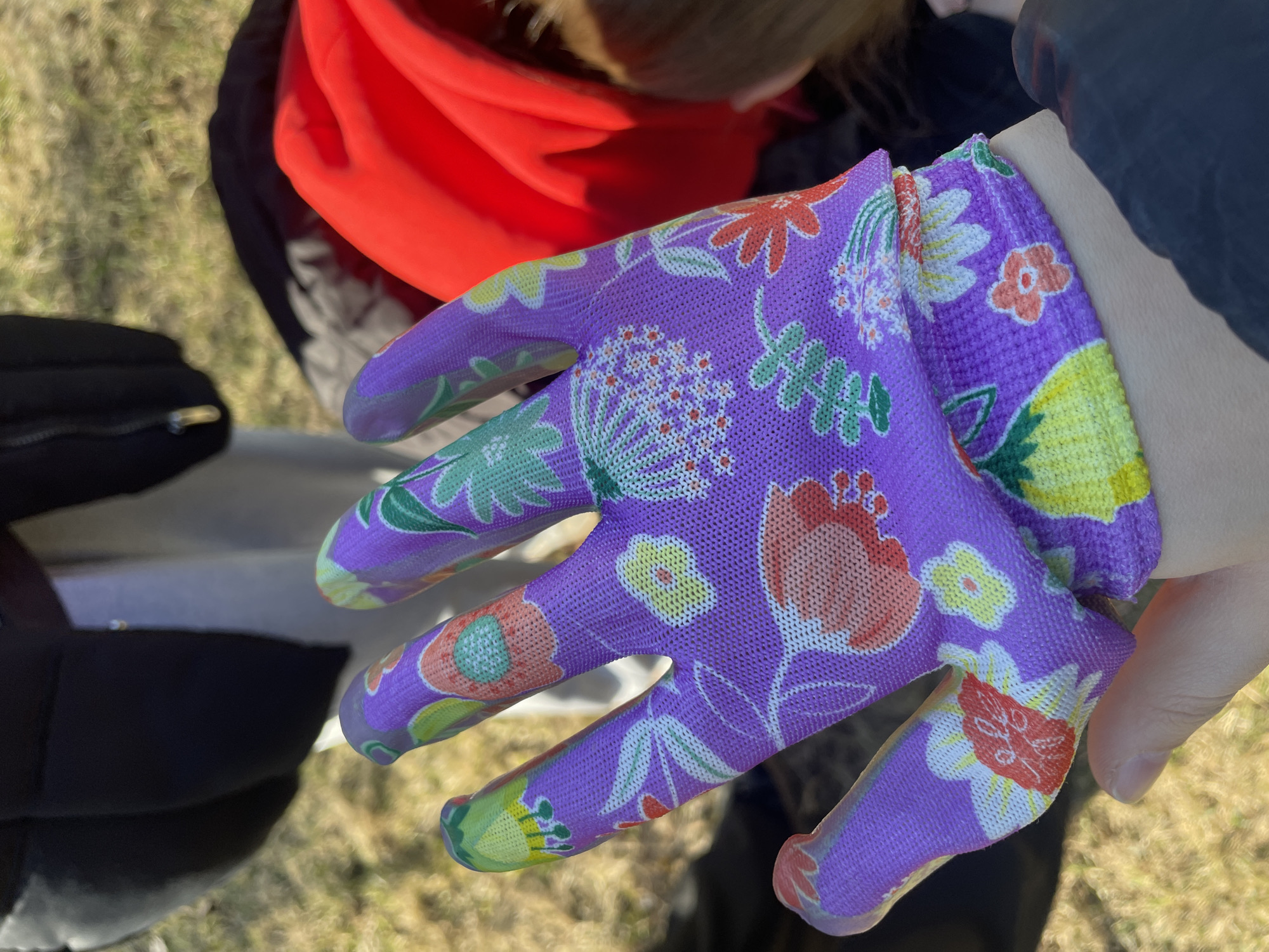 A close-up image captures a person's hand adorned with a purple gardening glove. The glove is decorated with various floral patterns in colors of red, yellow, green, and white. The wearer's skin is visible at the wrist where the glove ends. The person is positioned outdoors. In the blurred background, a red garment, possibly a scarf, is partially visible, along with a dark-colored jacket. The ground is covered in short grass. The location and city are not discernible from the image.