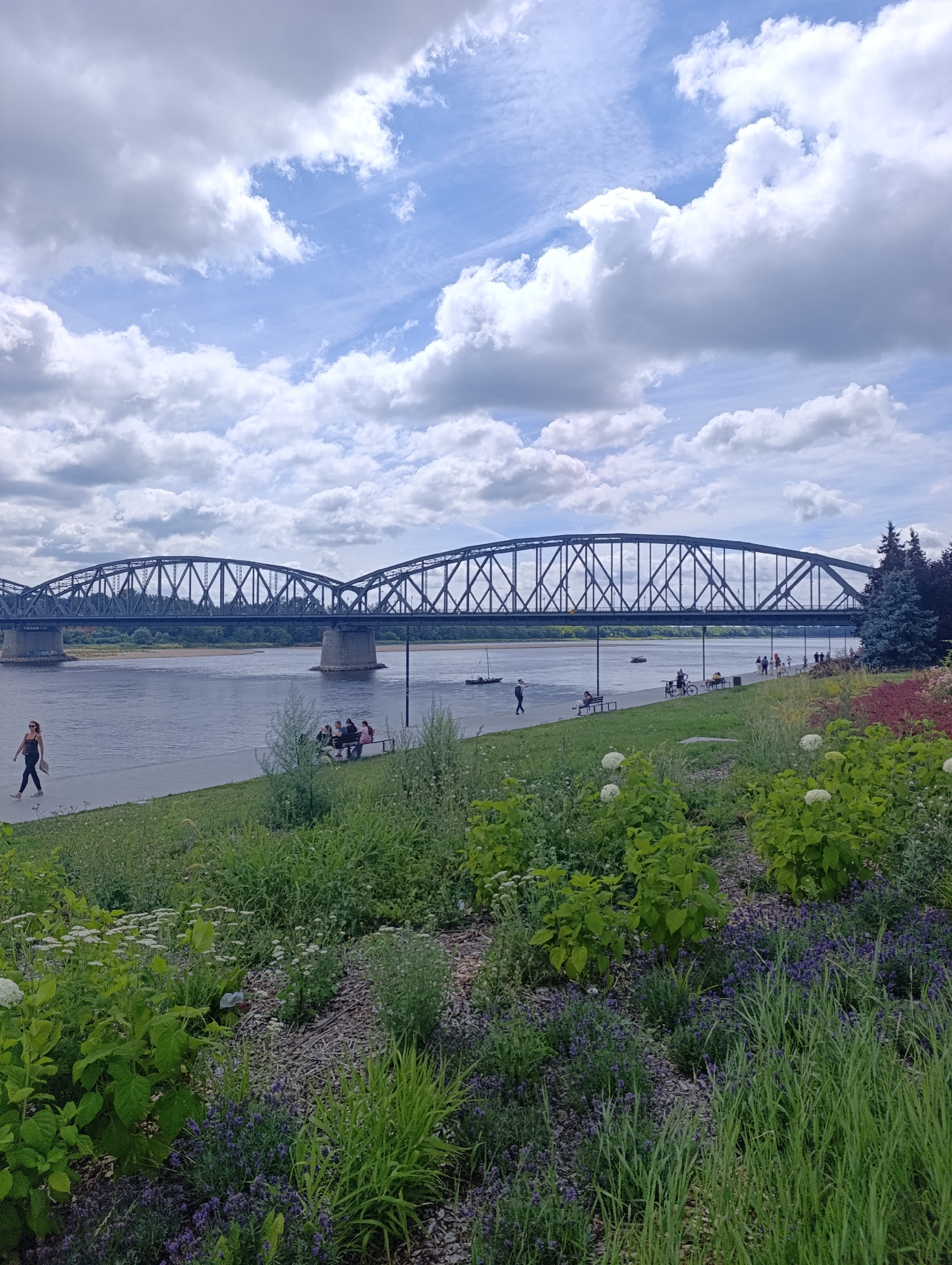 This image shows a wide river with a large, dark metal truss bridge spanning across it. The bridge has multiple arches and supports on concrete piers. On the far side of the river, the landscape appears more natural with trees and vegetation. In the foreground, there is a paved walkway along the riverbank, and a grassy area with various plants, including flowering bushes and lavender. Several people are visible on the walkway and sitting on benches near the river. One woman is walking on the walkway, and a group of people are seated on benches. A bicycle is also visible. A small boat is on the water. The sky is partly cloudy with a mix of white and grey clouds against a blue sky. This scene is the Vistula River with the Toruń Rail Bridge in Toruń, Poland.