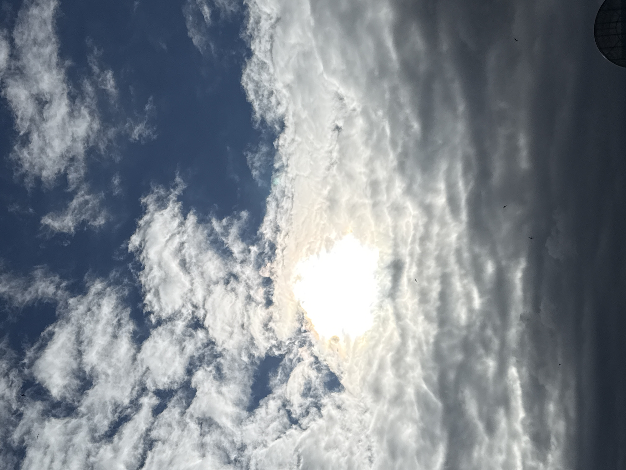 The image depicts a cloudy sky with the sun partially obscured by clouds, creating a bright, luminous effect in the center. The sky transitions from a bright blue in the upper portion to darker, grayer clouds towards the bottom. There are several birds visible in flight against the sky. The bottom right corner of the image shows a portion of a circular, dish-like object, possibly a satellite dish or part of a dome structure. The scene is outdoors and the lighting suggests it is daytime.