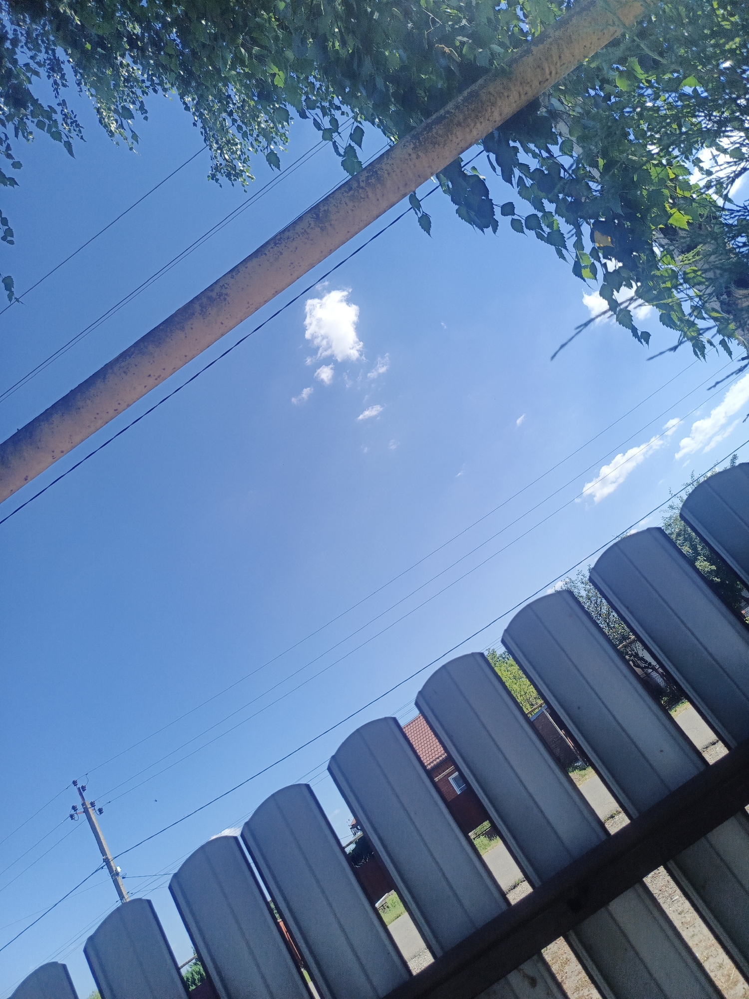 The image depicts a skyward view from a fenced area in Staronizhestebliyevskaya, Russia. The foreground is dominated by a grey, corrugated metal fence, with its arched tops forming a repeating pattern that extends diagonally across the lower portion of the frame. Beyond the fence, glimpses of a residential area are visible, including a red-tiled roof and a window of a house, along with scattered greenery and pathways. Above the fence, a bright blue sky stretches out, punctuated by a few scattered white clouds. A light-colored pipe runs diagonally across the upper left of the image, parallel to the fence. Green leaves from an overhanging tree are visible in the upper part of the frame, casting shadows. Electrical wires and a utility pole are present in the middle ground, to the left of the frame. The overall impression is of an outdoor scene on a clear day, likely in a suburban or rural setting.