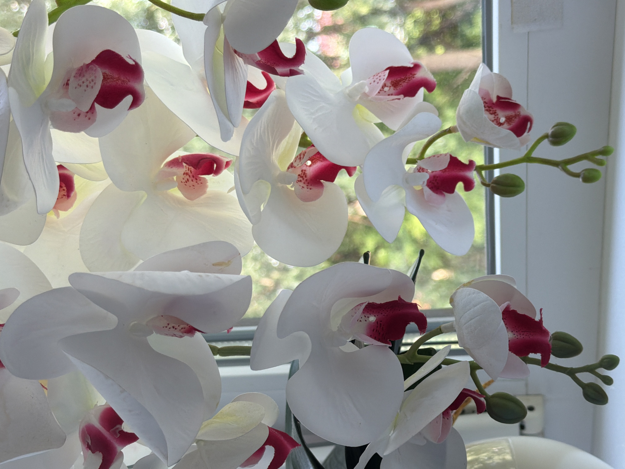 A close-up, overhead shot features an arrangement of artificial white orchid flowers with fuchsia-colored centers and green buds. The orchids are displayed in front of a window with a blurry background of green foliage and dappled sunlight. The window sill is white, and a portion of a white vase is visible on the left side of the frame. The image appears to be taken indoors, possibly in a residential or commercial setting.