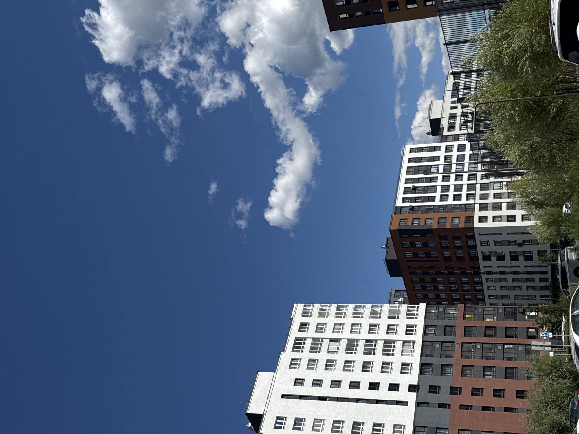 The image shows a clear blue sky with scattered white clouds above a modern residential complex in the city of Patrusheva, Russia. Several multi-story buildings with distinct architectural styles and color schemes are visible. The building on the far left is predominantly white with dark-framed windows and balconies. Adjacent to it, to the right, is another building with sections of brown and gray facades, also featuring numerous windows. Further to the right, another white building with dark accents is seen, separated by a black metal fence. The foreground is partially obscured by green trees and shrubs. Several cars are parked in the lower section of the image, suggesting a residential area. The overall scene depicts a bright, sunny day in a developed urban environment.
