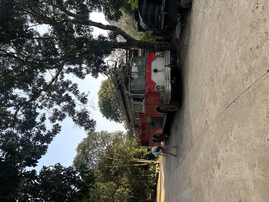An outdoor scene in Yên Sơn Ward, Vietnam, depicts a light-colored concrete or compacted dirt surface flanked by lush green foliage under a clear sky. A vintage red and silver Mack fire truck, bearing the number "8" on its grille and "234" on its side, is parked on the right, facing slightly left. The truck features an aerial ladder apparatus on its roof and appears weathered. It is positioned next to a large tree with dense dark green leaves that also shades the foreground. To the immediate right and slightly behind the fire truck, a dark-colored vehicle or trailer, possibly carrying stacked tires, is partially visible. On the left side of the frame, a male individual, dressed in a light-colored long-sleeved shirt, light-colored pants, and a dark crossbody bag, walks away from the viewer, looking towards the fire truck. Dense trees form the background and frame the top of the image.