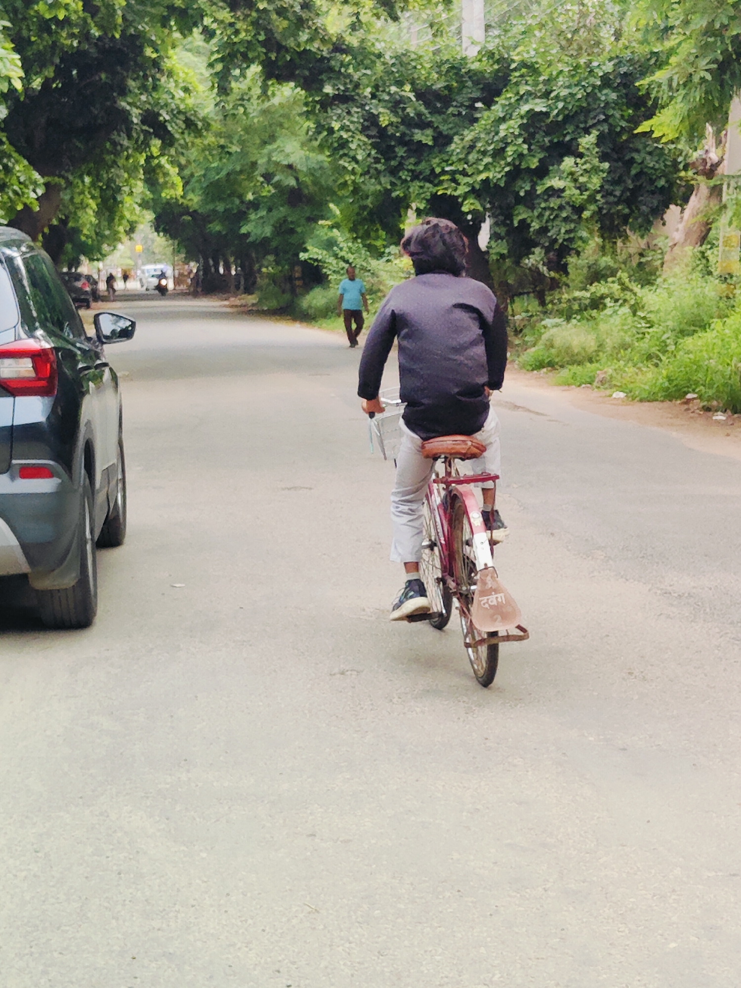 The image shows a man riding a bicycle on a paved road lined with trees. The man is wearing a dark jacket and light-colored pants, with dark sneakers. He is facing away from the camera. The bicycle is red and appears to have a light-colored bag attached to the rear fender. To the left of the road, a dark-colored car is parked. The scene suggests a moderately vegetated urban or suburban environment. The presence of a "Dabang" sticker on the bicycle, a term often associated with Hindi cinema, implies a cultural context within India. Given the request for the location in Gurgaon, India, the setting is consistent with a street scene in that city.