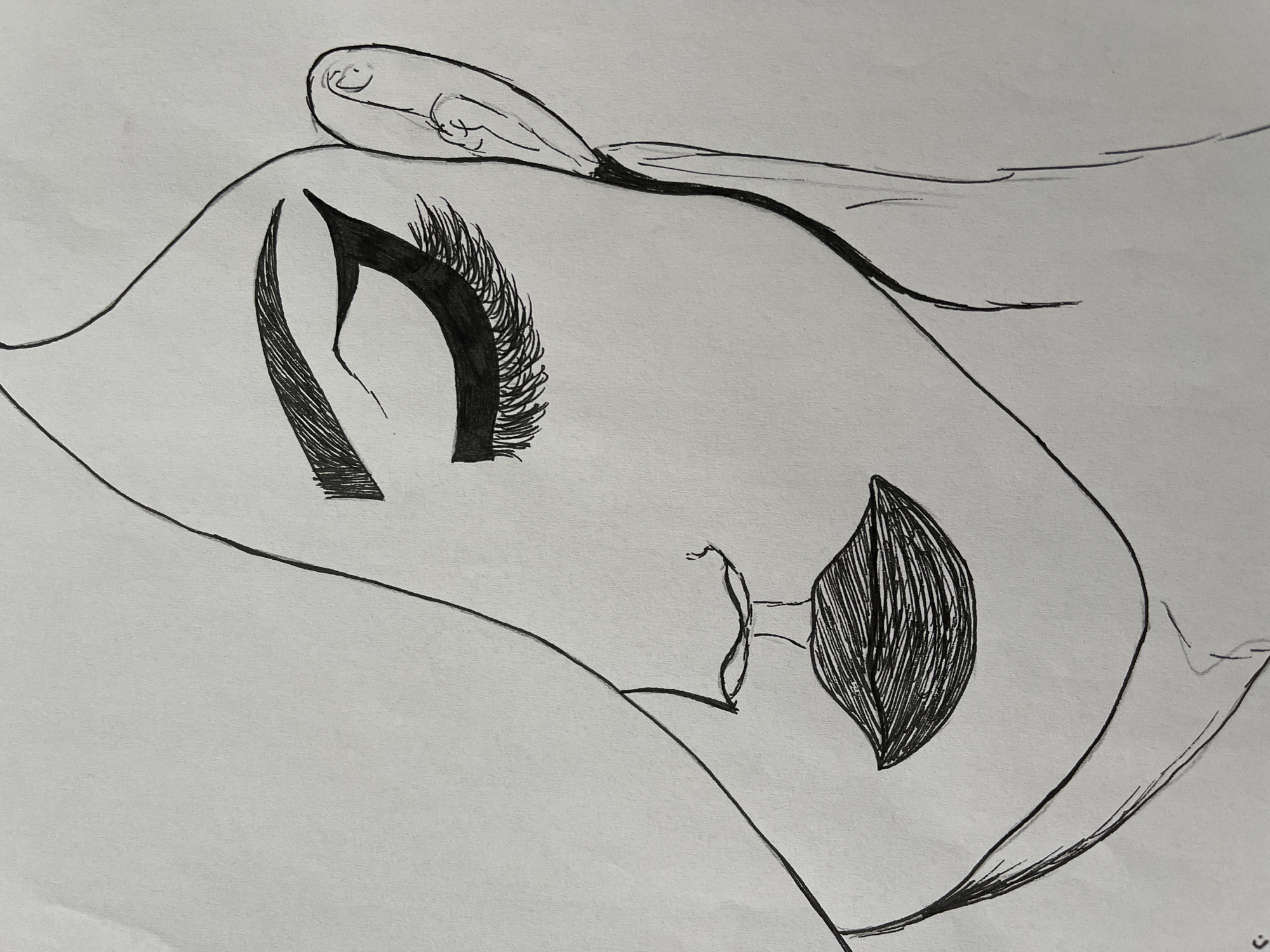 The image is a black and white line drawing of a person's face in profile. The person is lying down, with their head resting on a hand. The eye is closed with long eyelashes. The lips are slightly parted. The eyebrow is thick and angled. The scene is located in an unknown city.