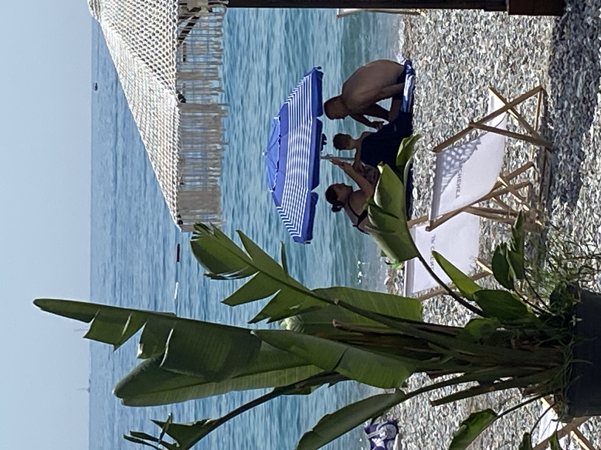 In the city of Prijevor, Montenegro, on a sunny day, a family of three is enjoying their time at the beach. The family is seated under a blue and white striped beach umbrella, which provides shade from the sun. On the left, a woman is leaning on her hand and looking towards the child. In the center, a child is sitting wrapped in a dark blue towel, facing away from the camera. On the right, a man is sitting with his back to the camera, also under the umbrella. The beach is covered in pebbles, and in the foreground, a large green plant with broad leaves stands in a black pot. Two white beach chairs with wooden frames are visible in the lower right section of the image, positioned on the pebbles. Beyond the beach, the clear blue sea stretches to the horizon, with a few small boats visible in the distance. The sky is a pale blue, indicating a clear weather day. The overall scene depicts a peaceful and relaxed beach atmosphere.