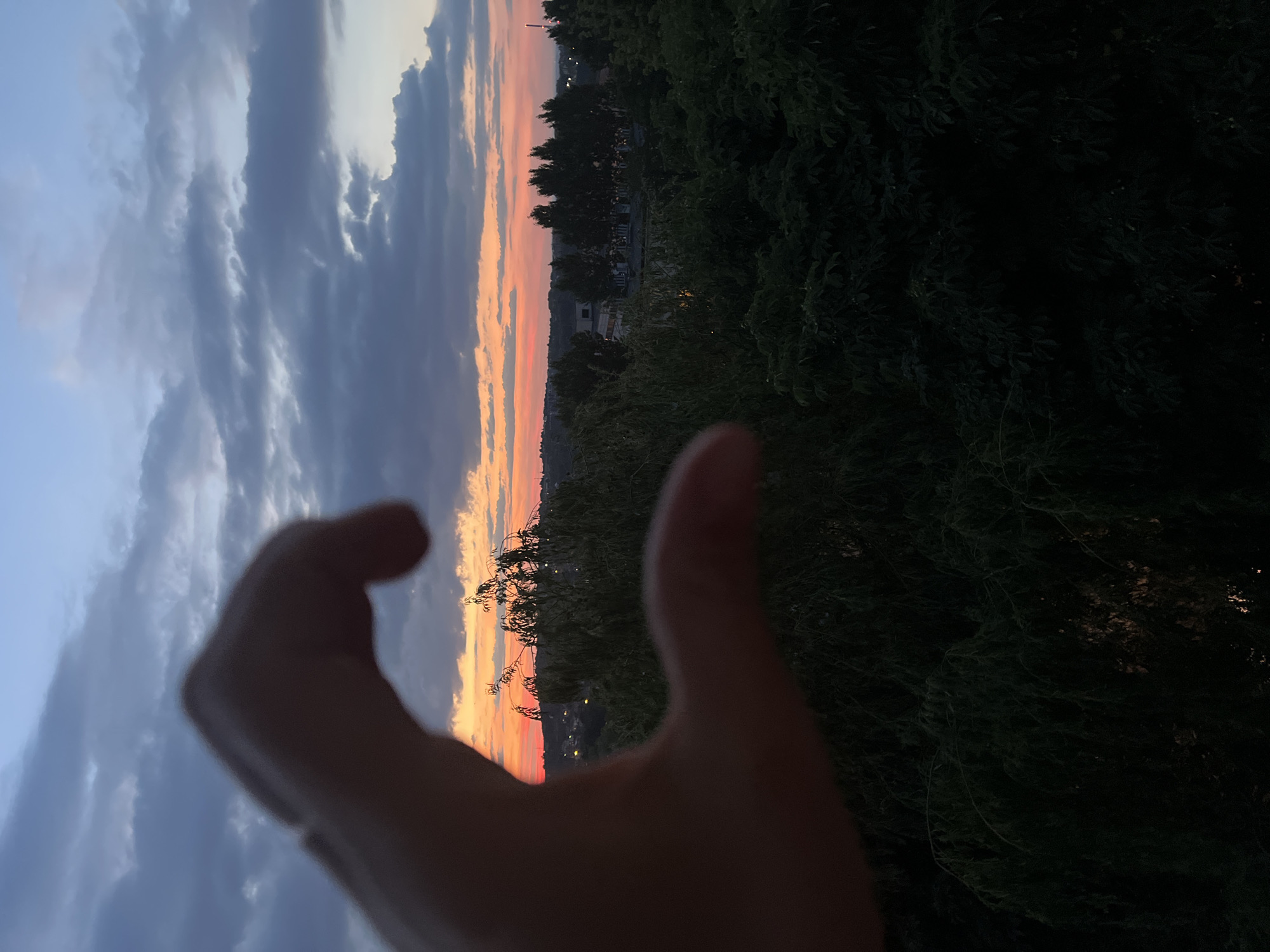 A close-up of a person's hand forming a heart shape is in the foreground, obscuring part of the background. The hand is out of focus and silhouetted against the sky. The background shows a dramatic sunset with vibrant orange, pink, and red hues streaking across the horizon. Dark, moody clouds dominate the upper left of the frame, contrasting with the colorful sky. Beyond the sunset, a line of trees is visible, with some buildings and lights suggesting a distant town or settlement. The overall scene is captured during twilight, likely just after sunset, as indicated by the rich colors of the sky and the dimming light. The mood is peaceful and contemplative, with the hand gesture adding a personal touch to the natural spectacle. No text is visible in the image.