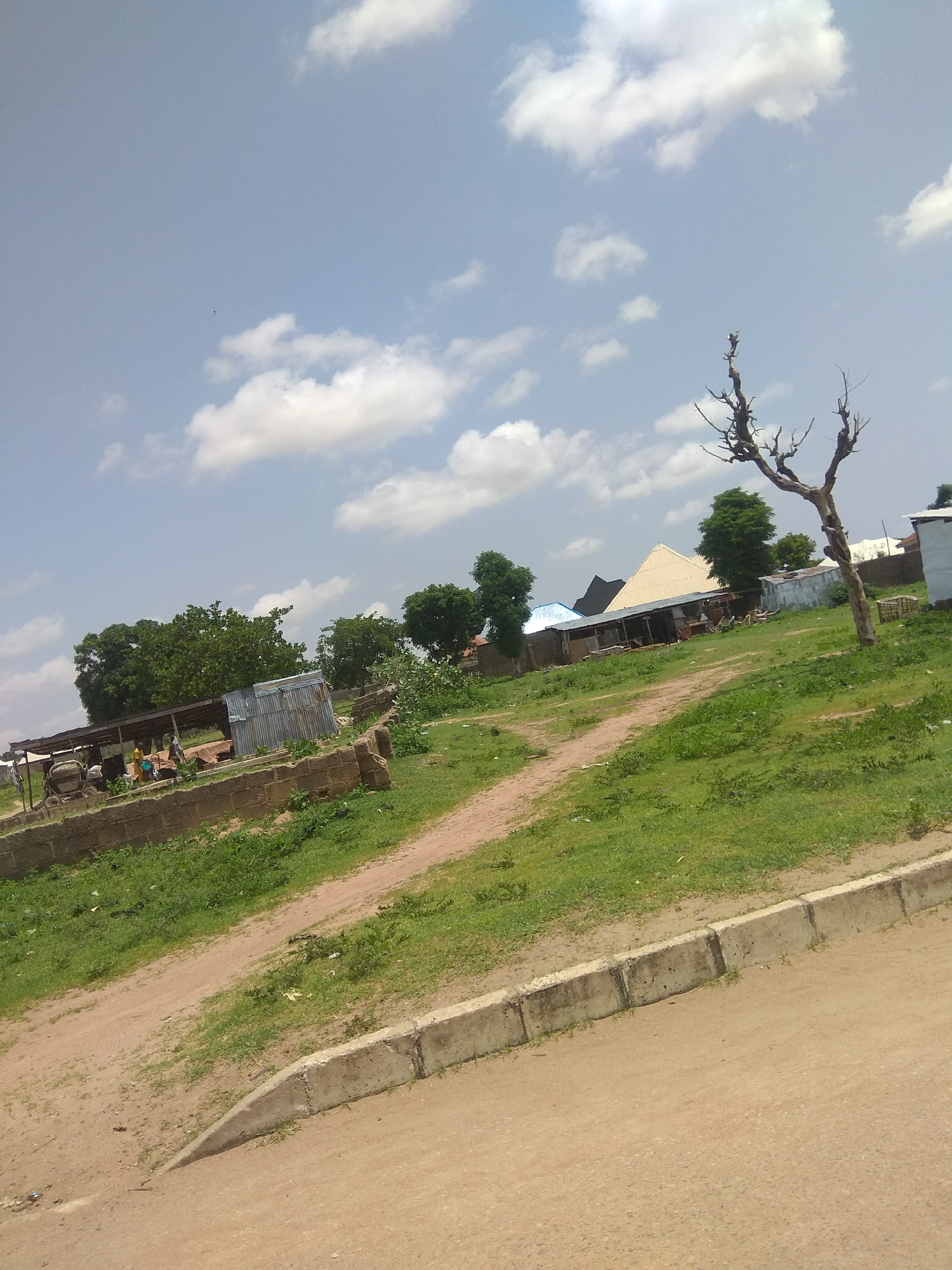 This media file shows an outdoor scene in Jalingo, Nigeria. The setting appears to be a rural or semi-rural area with several buildings and a dirt path.
The subjects include a few people, though they are small and indistinct in the frame. Objects visible include various structures, some appearing to be homes or workshops with corrugated metal roofs. There's also a concrete structure that could be a wall or foundation, and what looks like a cement mixer and other construction materials in one of the covered areas. A prominent, bare tree stands in the right-hand portion of the image.
The activity appears to be everyday life in the area, with people engaged in activities related to the structures. There is no specific event depicted, but the presence of what seems to be ongoing construction or work suggests a community in development.
Notable details include the time of day, which appears to be daytime, indicated by the bright sunlight and shadows. The weather seems to be clear with scattered white clouds against a blue sky. The location context of Jalingo, Nigeria, informs the architectural styles and the general landscape. There are no visible emotions conveyed due to the distance and lack of detail of the people. No text is visible in the image.