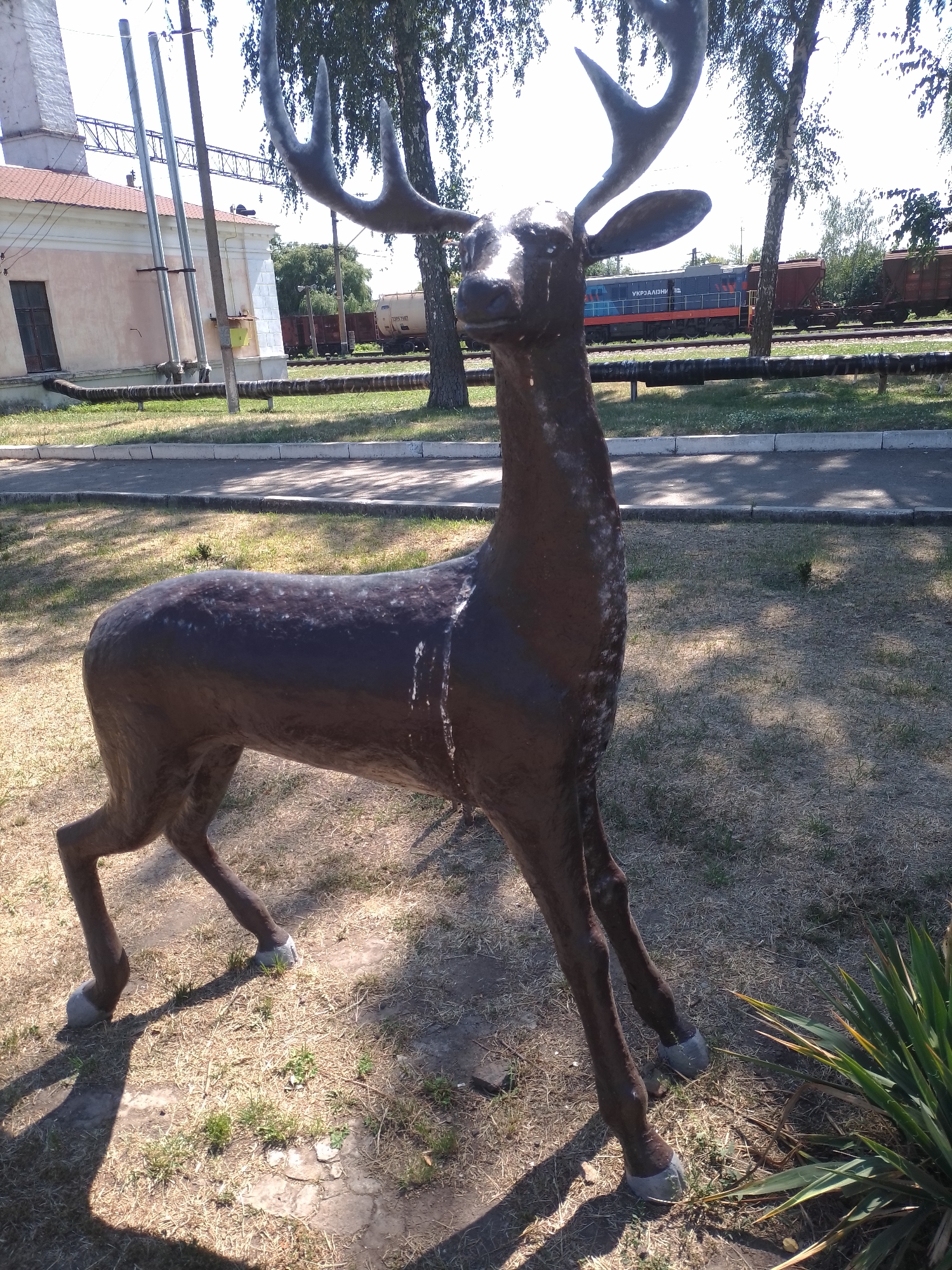 The image shows a dark, metallic statue of a deer standing on dry grass. The statue is in the foreground, with its head turned slightly to the left. Behind the statue, there are trees, a building with a red roof, and train tracks with a train on them. The sky is clear and bright. The scene appears to be in an outdoor public space, possibly a park or a station area. This is a statue of a deer, located in the town of Romodan, Ukraine. The statue is made of dark metal and is positioned on a patch of dry grass. It has a proud stance, with its head held high and antlers reaching upwards. The background features lush green trees, a light-colored building with a red tiled roof, and a train track with a blue and red locomotive. The overall setting suggests an outdoor environment, likely a public area within the town of Romodan, Ukraine, where the statue serves as a decorative element.