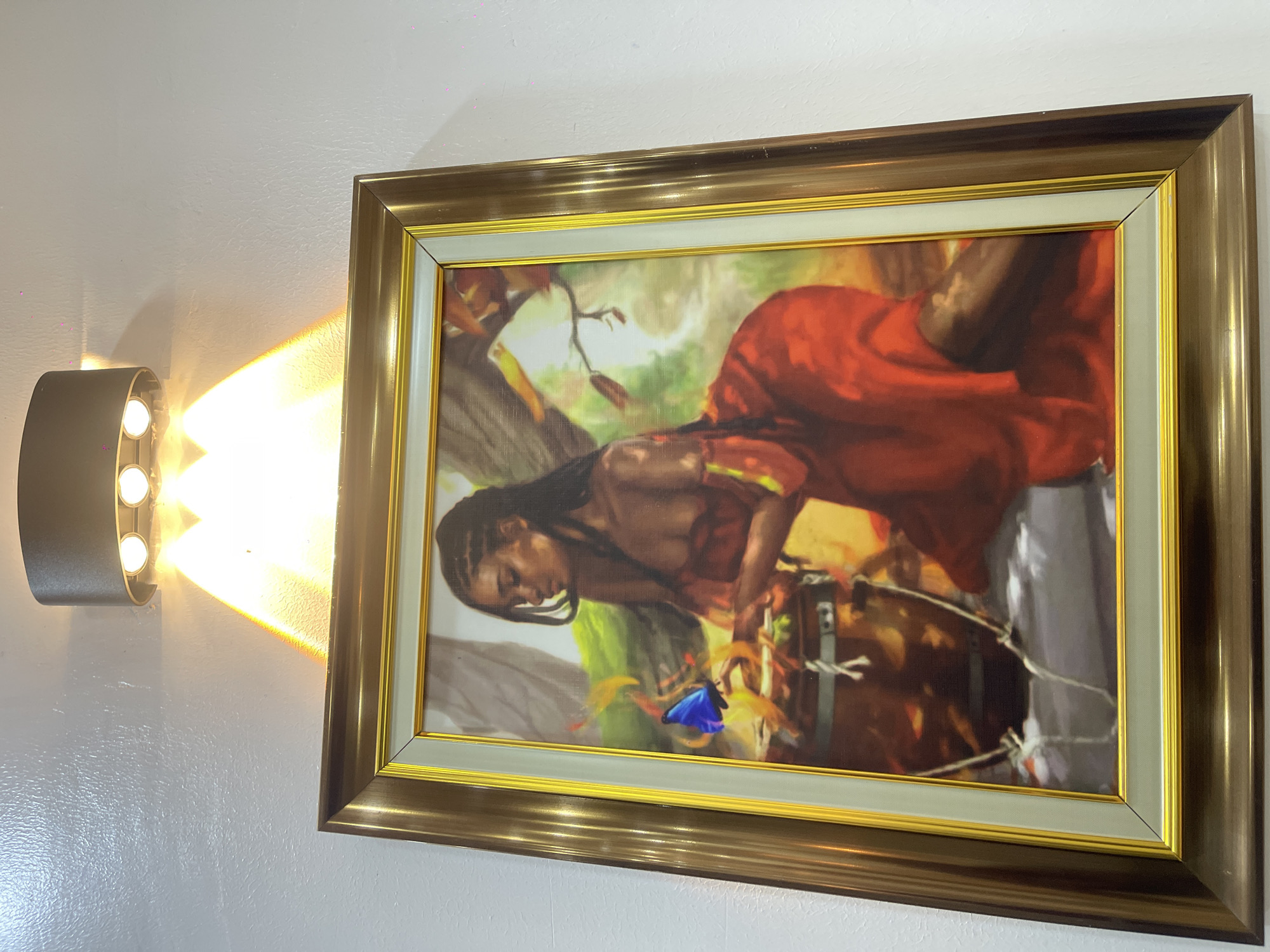 A framed portrait hangs on a wall, illuminated by a nearby light fixture. The painting depicts a woman in a red dress tending to something, possibly fishing. The frame is ornate, with gold and brown tones. The wall is plain white. The location is unknown.