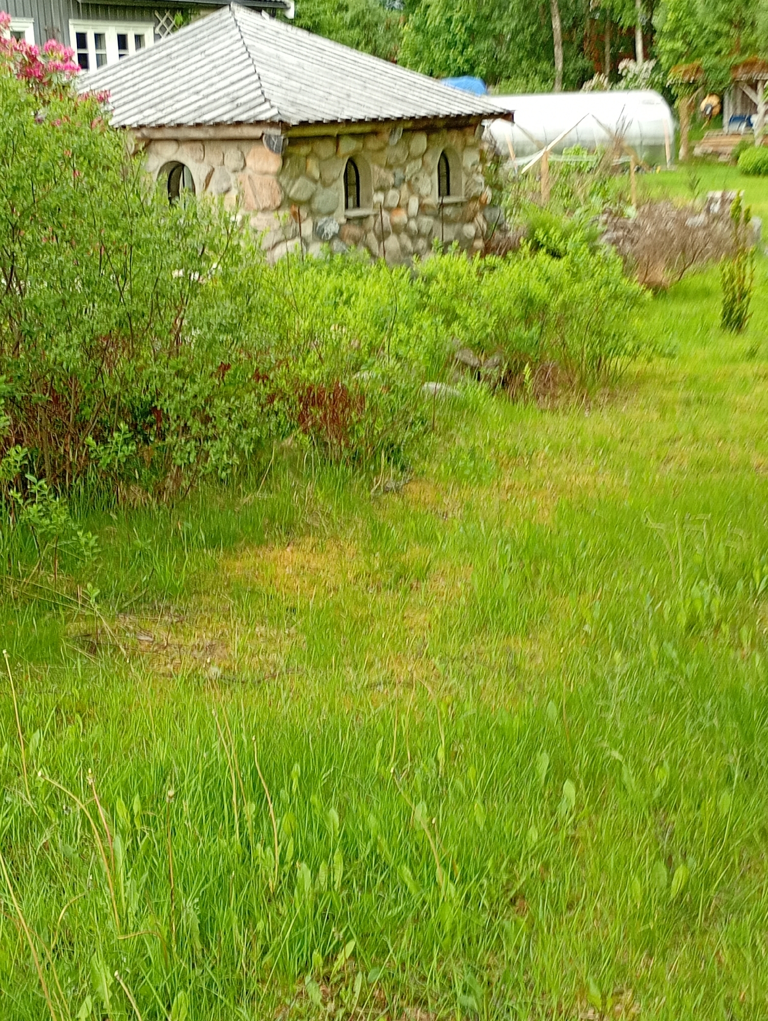 The image shows a quaint, stone structure with a pitched, grey-shingled roof, resembling a small cottage or folly. It has arched windows and is surrounded by lush green foliage and tall grass. In the background, a white greenhouse-like structure is visible, along with some trees and a wooden gazebo-like structure. The overall setting appears to be a garden or rural landscape.